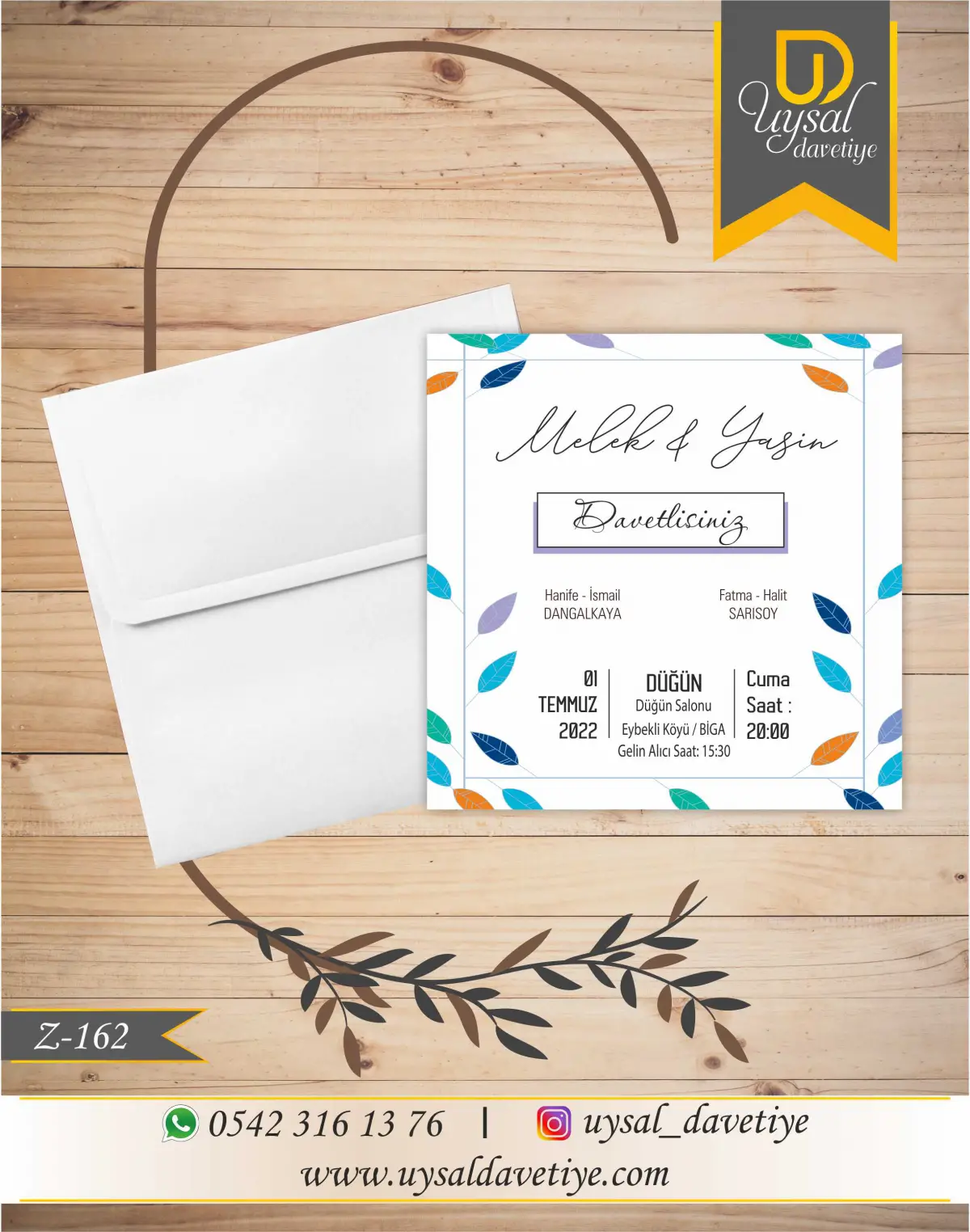 Z-162 Yapraklı Kare Ekonomik Düğün Davetiyesi