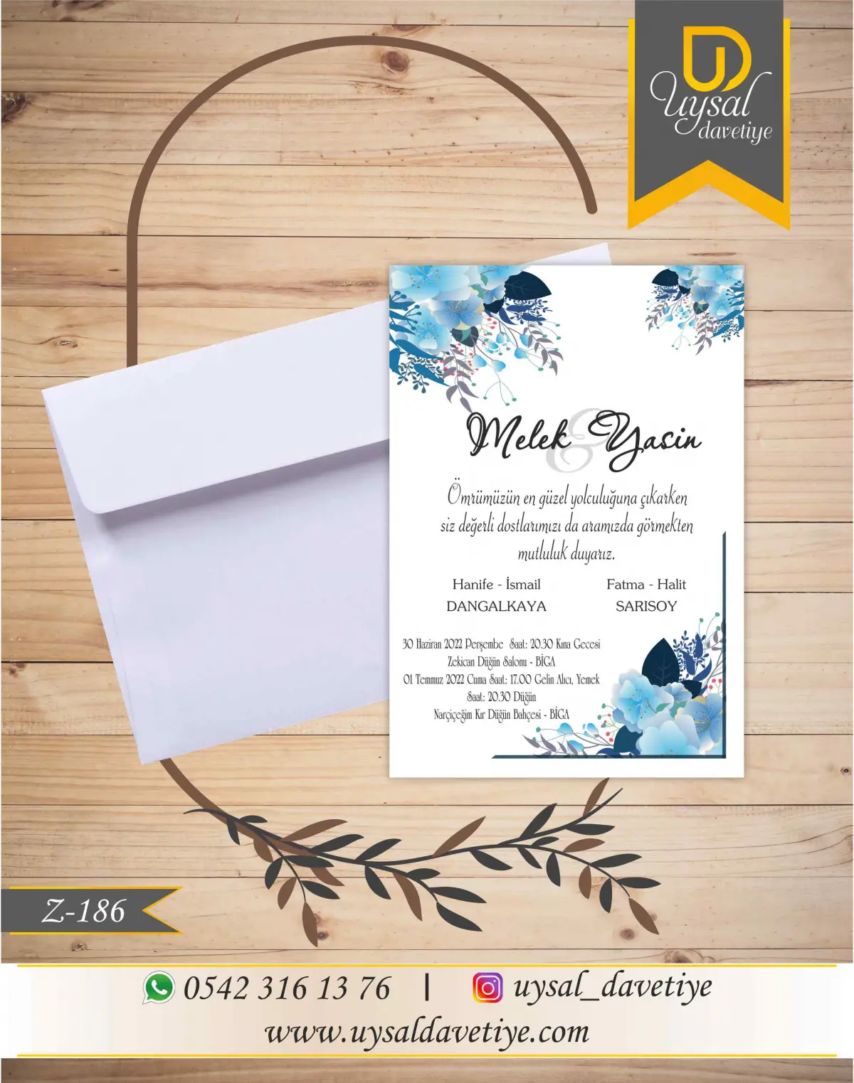 Z-186 Mavi Çiçekli Ekonomik Düğün Davetiyesi