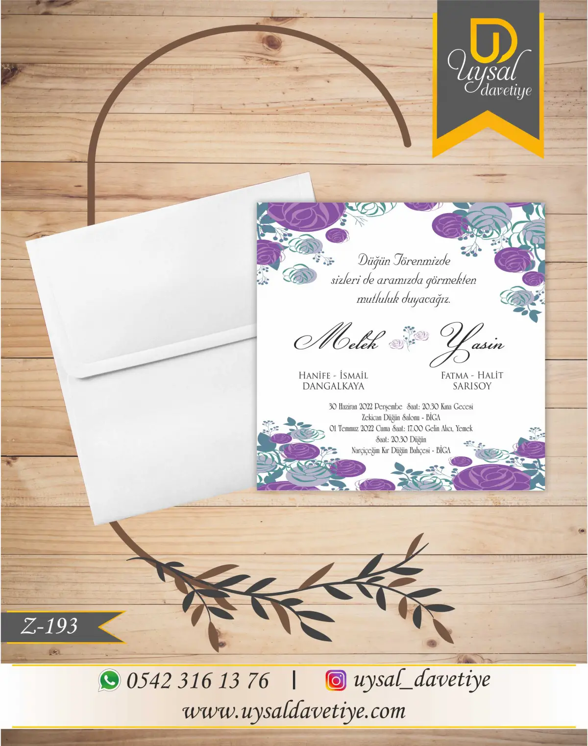 Z-193 Mor Çiçek Çerçeveli Kare Ekonomik Düğün Davetiyesi