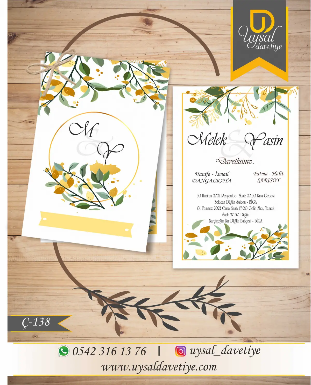 Ç-138 Yapraklı Çiftli/İpli Ekonomik Düğün Davetiyesi