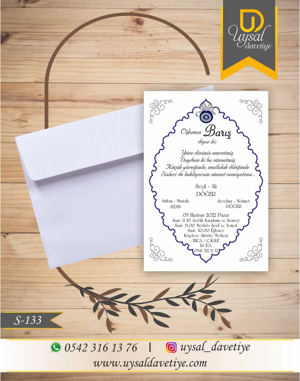 S-133  Nazar Boncuklu Çerçeveli Ekonomik Sünnet Davetiyesi