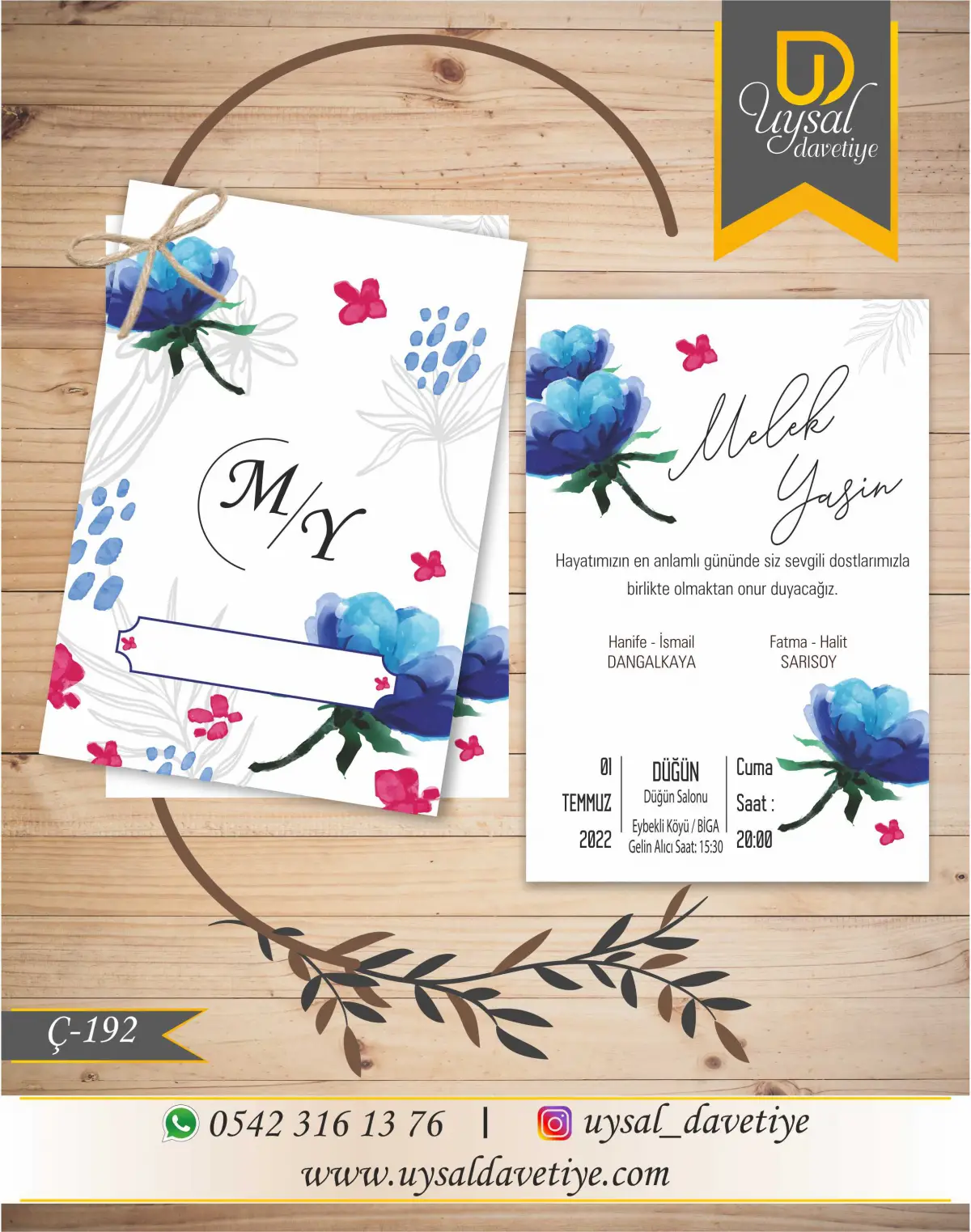 Ç-192 Mavi Çiçekli Çiftli/İpli Ekonomik Düğün Davetiyesi