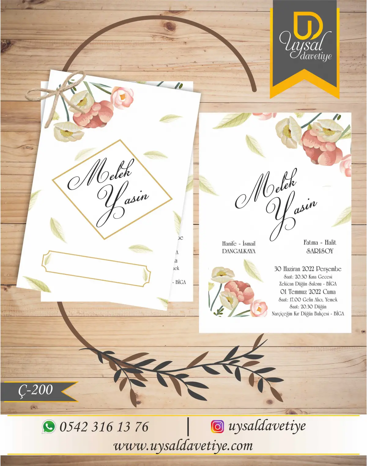 Ç-200 Çiçekli Çiftli/İpli Ekonomik Düğün Davetiyesi