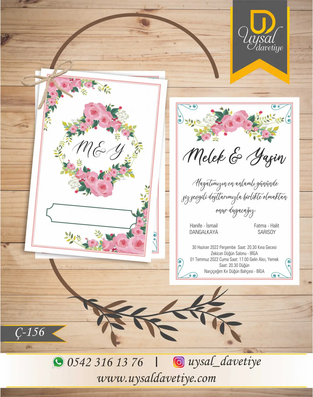 Ç-156 Çiçekli Çiftli/İpli Ekonomik Düğün Davetiyesi
