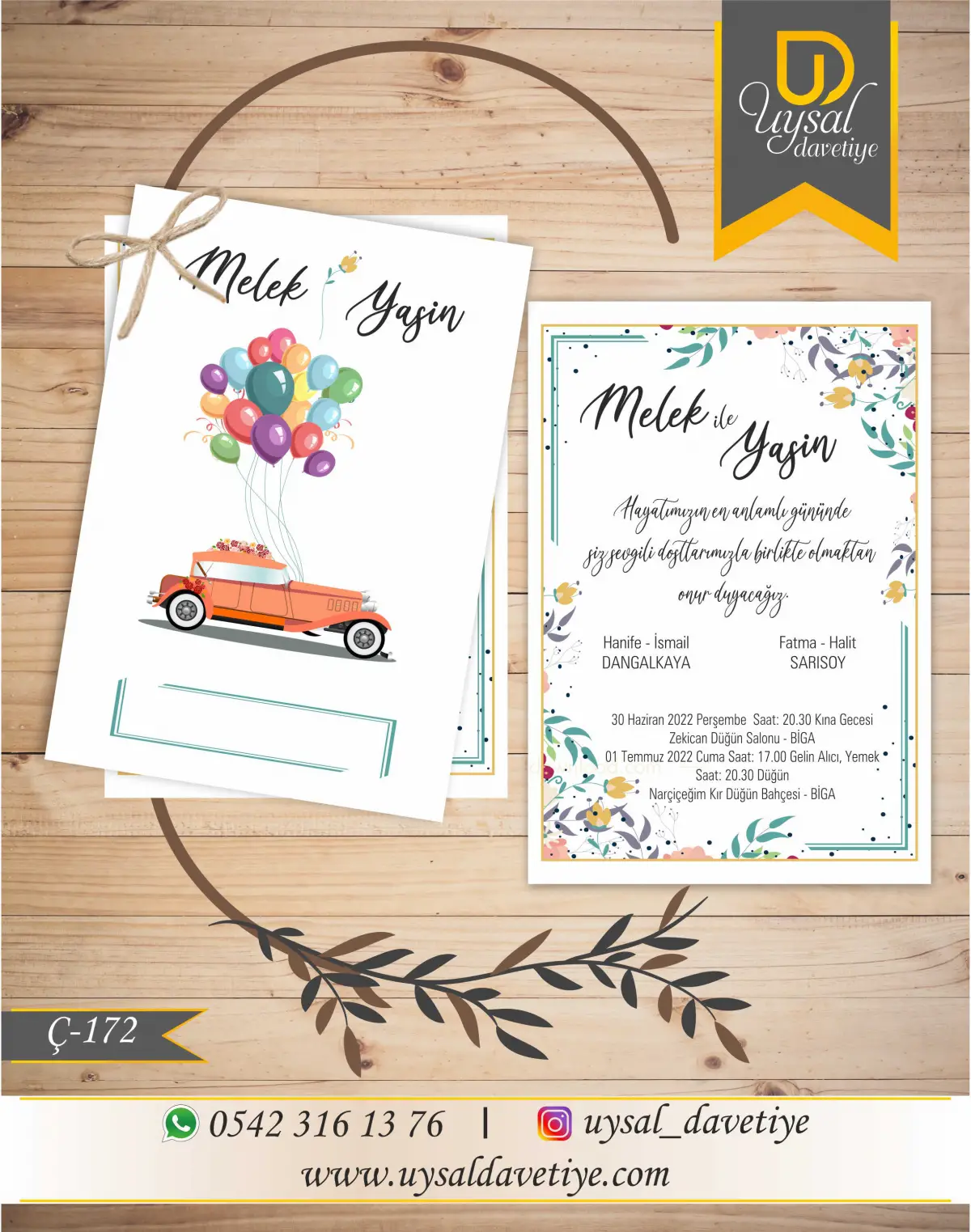 Ç-172 Arabalı&Balonlu Çiftli/İpli Ekonomik Düğün Davetiyesi