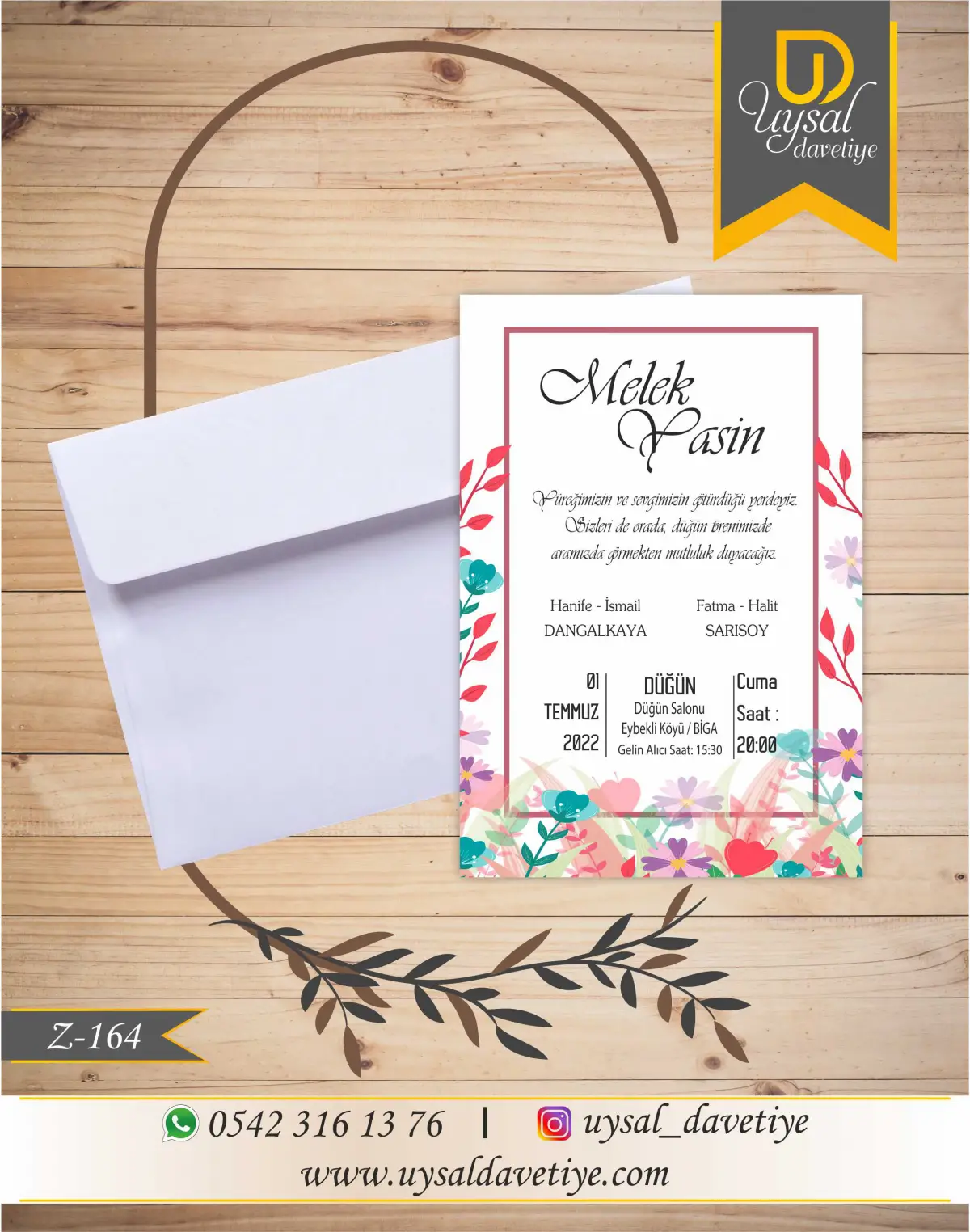 Z-164 Çiçek Çerçeveli Ekonomik Düğün Davetiyesi