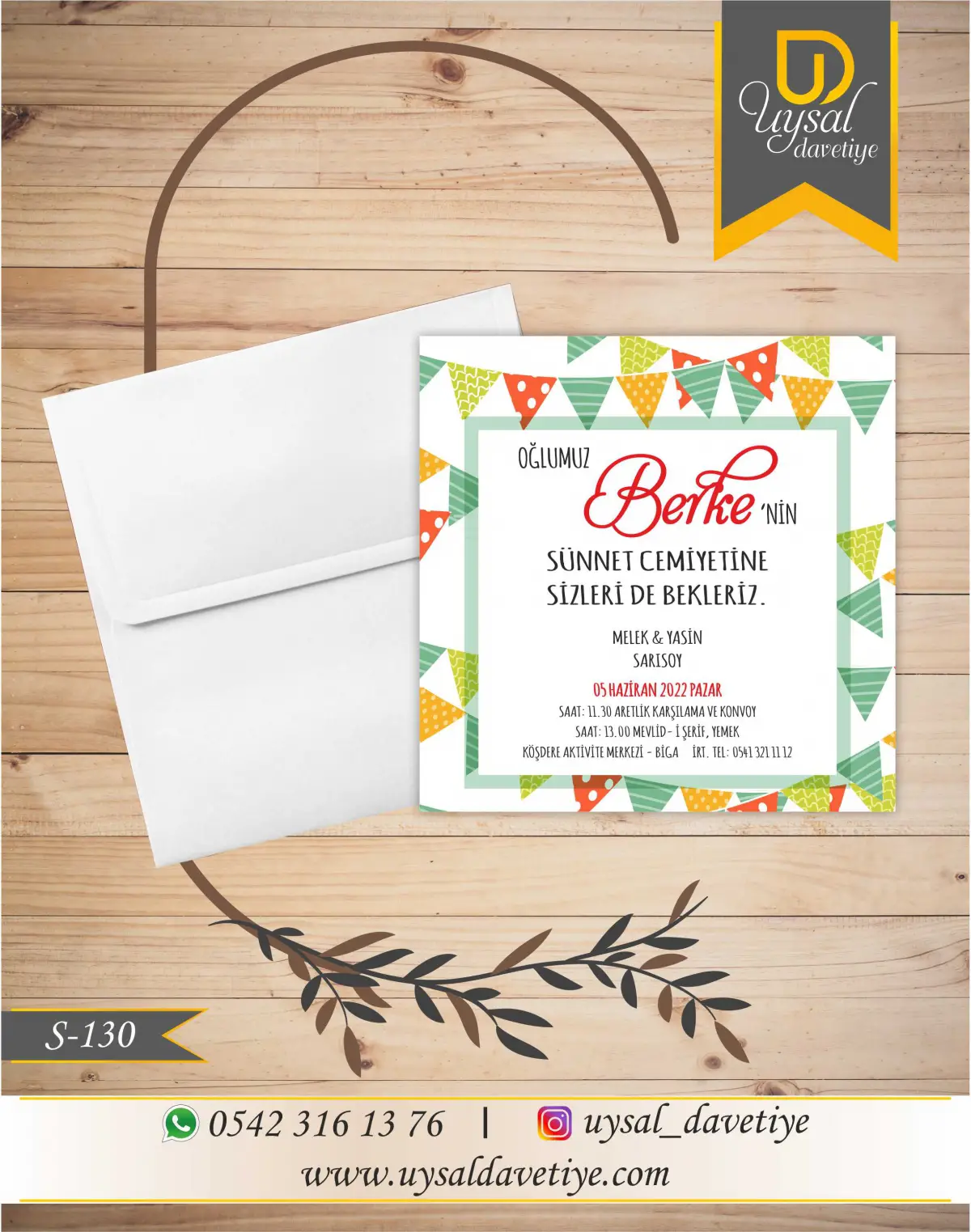 S-130 Kutlama Süslü Desenli Kare Ekonomik Sünnet Davetiyesi