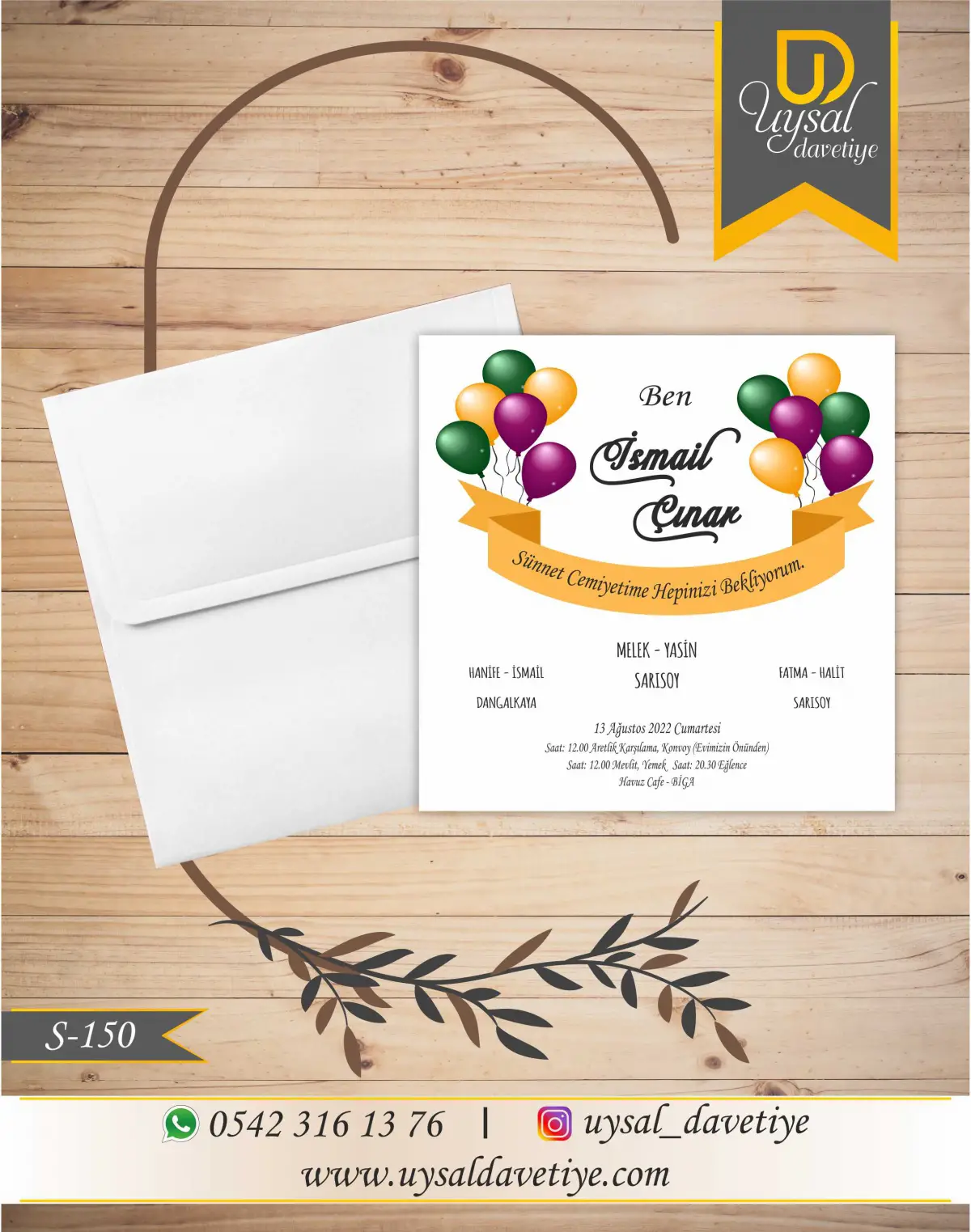 S-150 Renkli Balonlu Kare Ekonomik Sünnet Davetiyesi