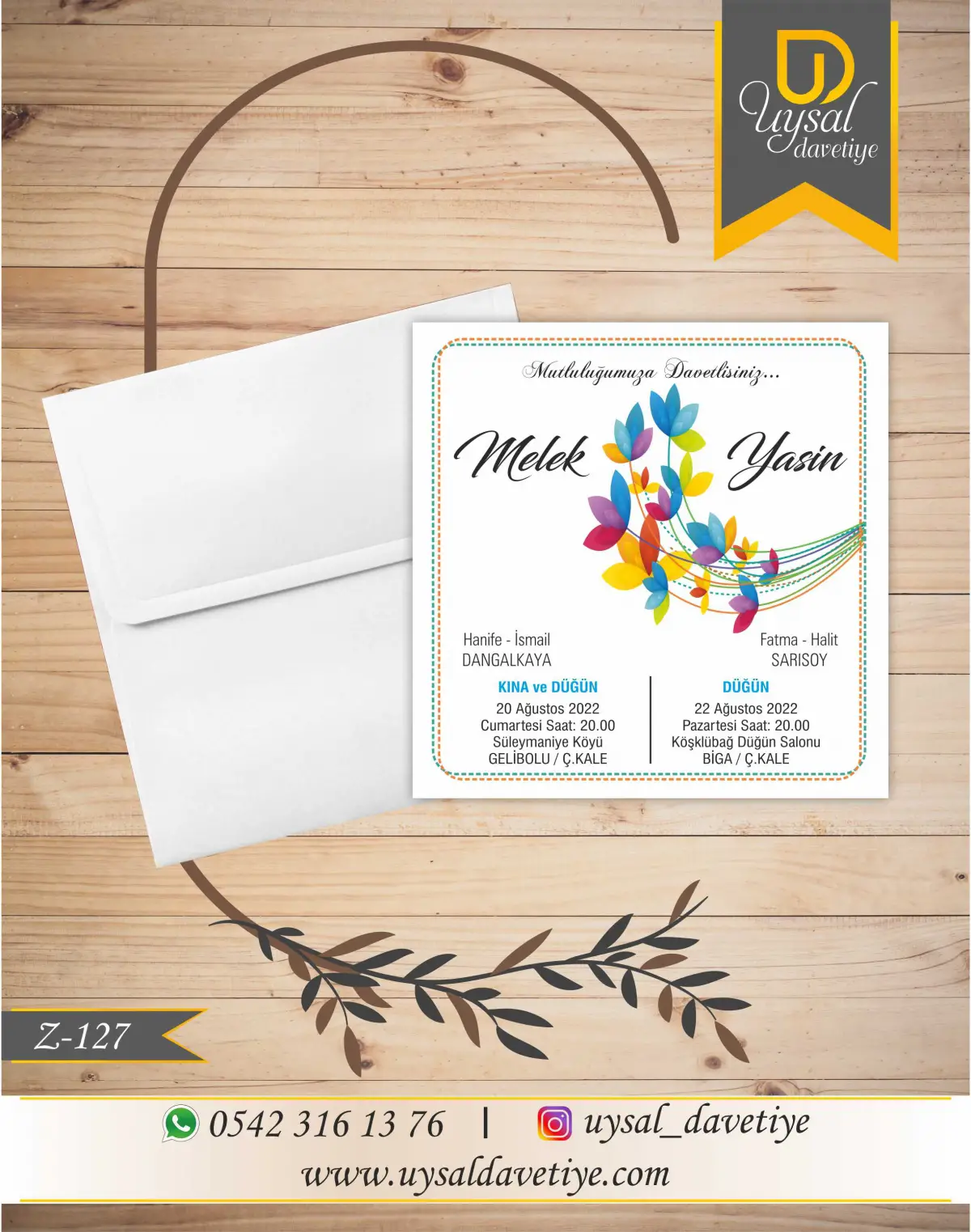 Z-127 Renkli Çiçekli Kare Ekonomik Düğün Davetiyesi