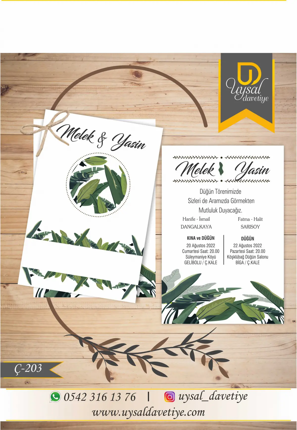 Ç-203 Yeşil Yapraklı Çiftli/İpli Ekonomik Düğün Davetiyesi
