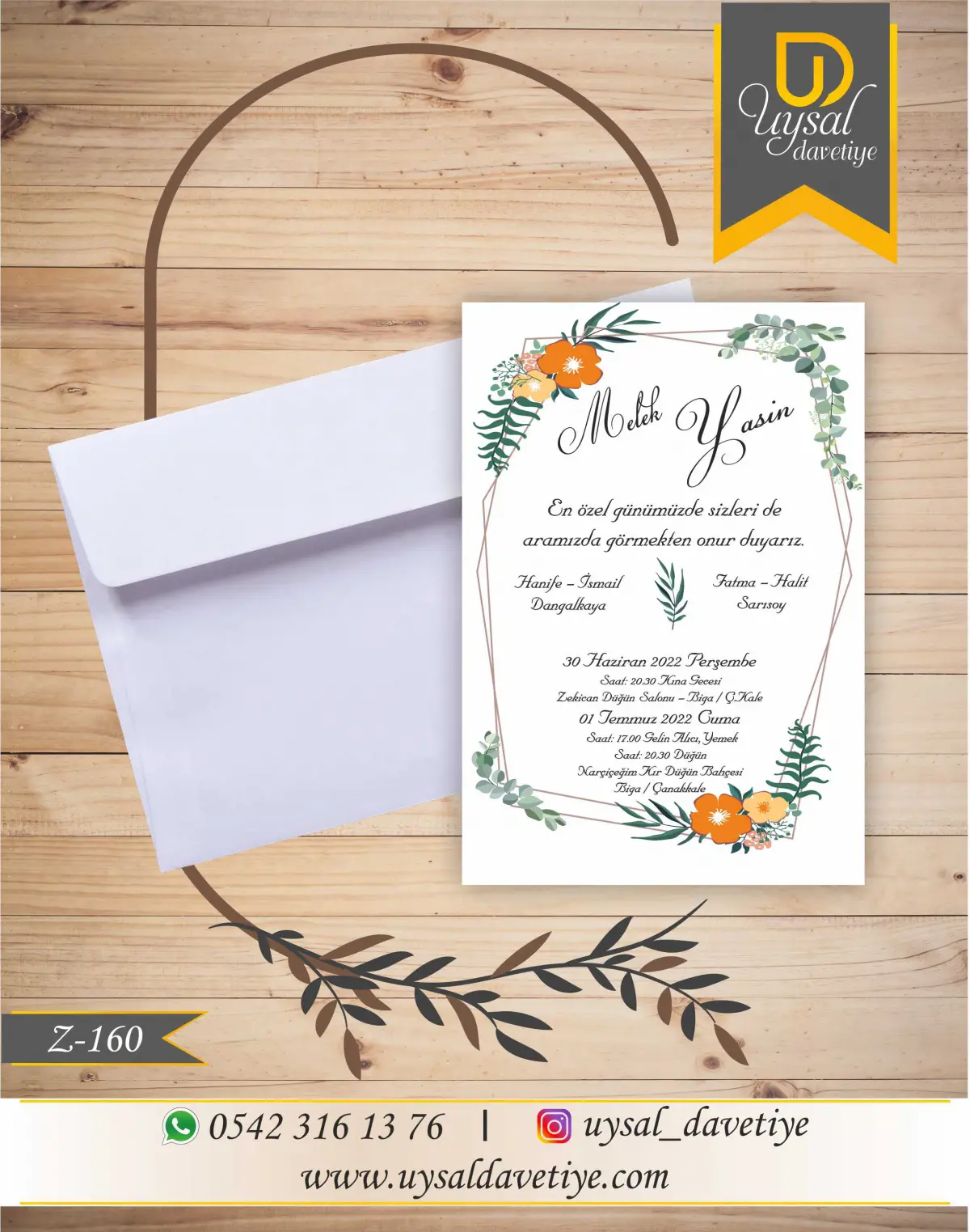 Z-160 Çiçek Çerçeveli Ekonomik Düğün Davetiyesi