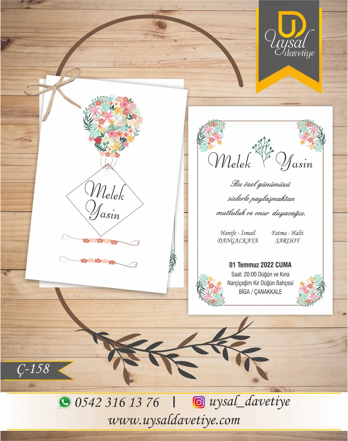 Ç-158 Çiftli/İpli Ekonomik Düğün Davetiyesi