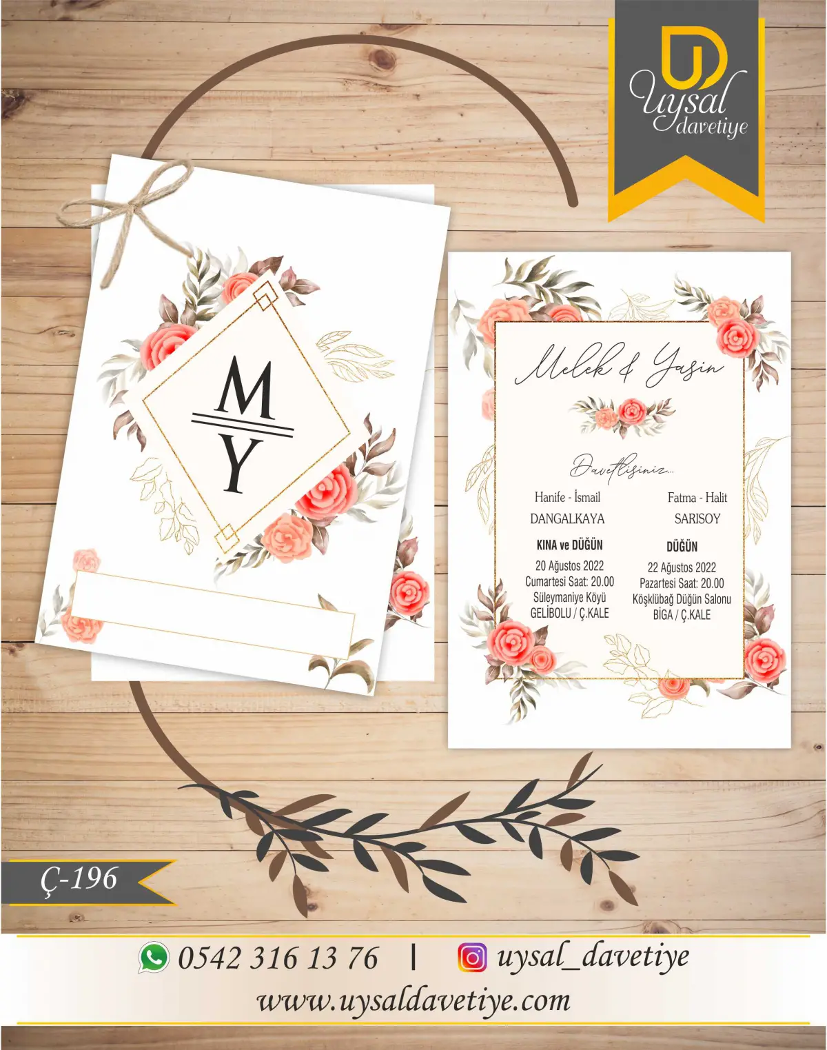 Ç-196 Güllü Çiftli/İpli Ekonomik Düğün Davetiyesi