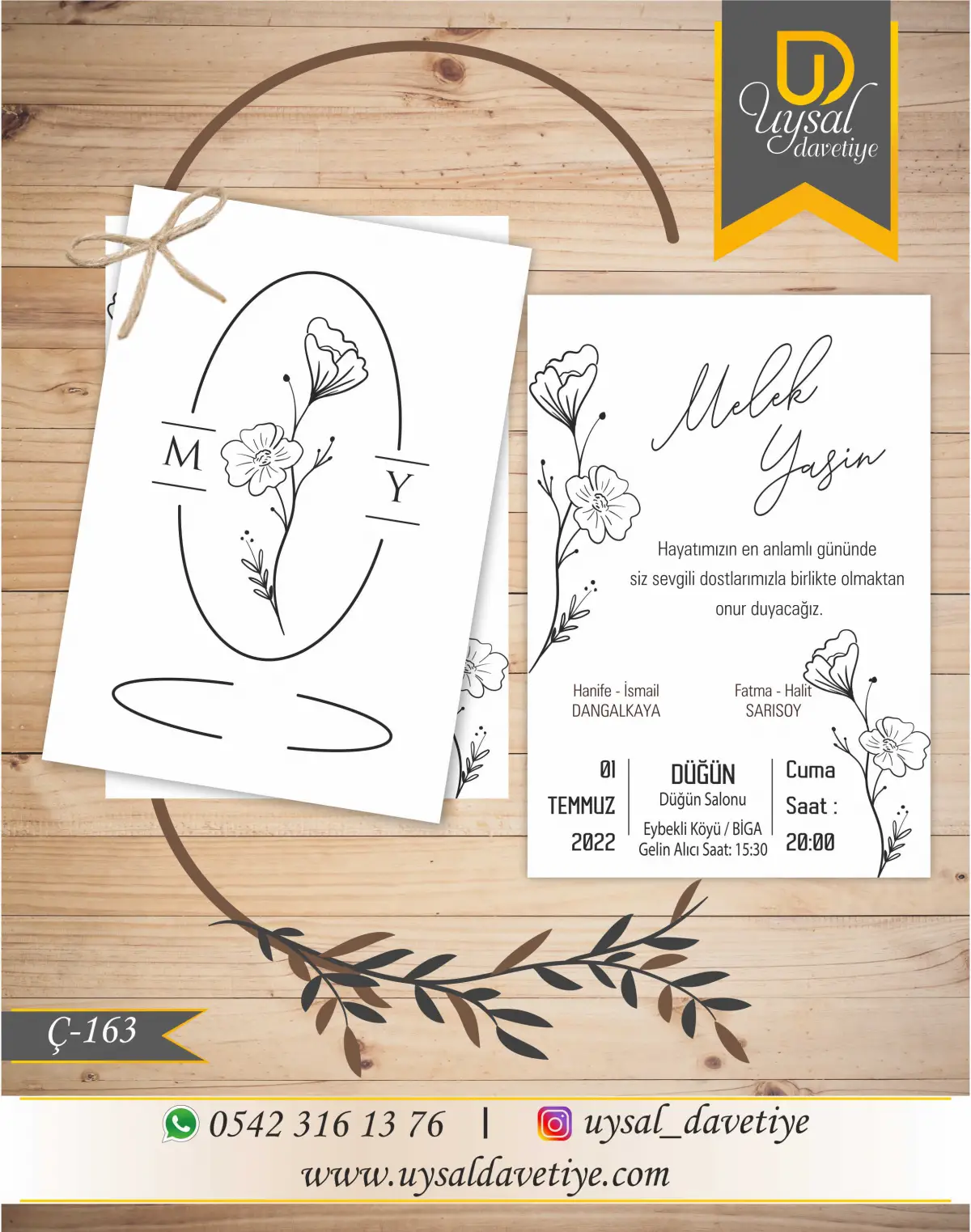 Ç-163 Çiftli/İpli Ekonomik Düğün Davetiyesi