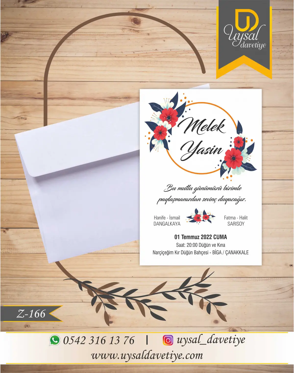 Z-166 Çiçekli Ekonomik Düğün Davetiyesi
