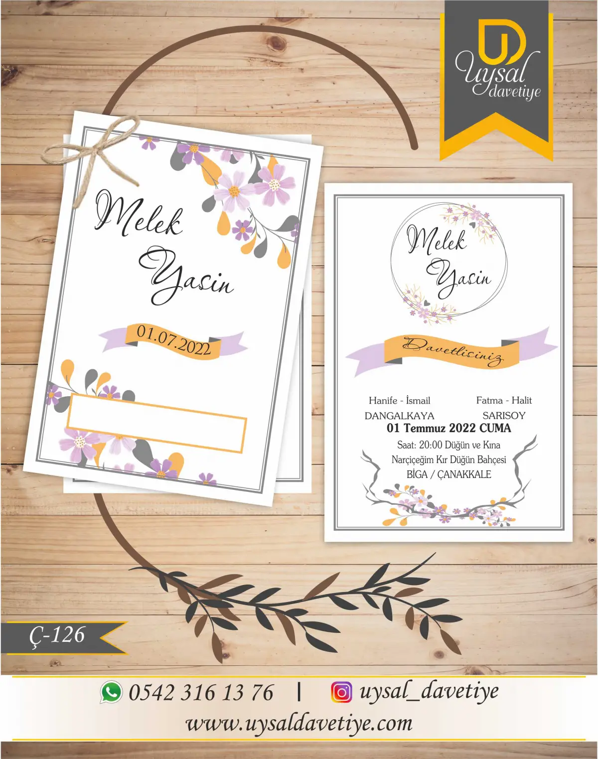 Ç-126 Lila Çiçekli Çiftli/İpli Ekonomik Düğün Davetiyesi