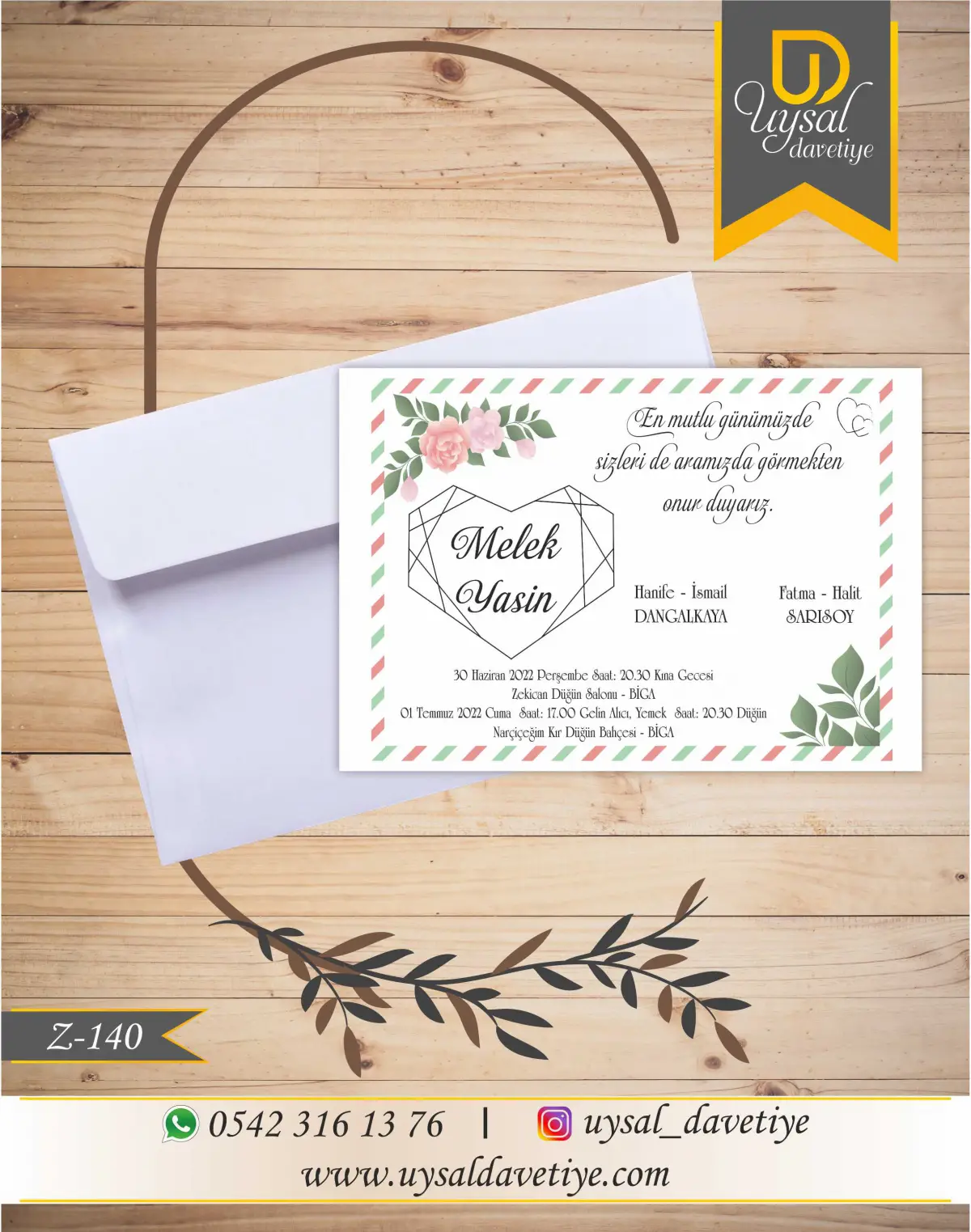 Z-140 Güllü Çerçeveli Ekonomik Düğün Davetiyesi