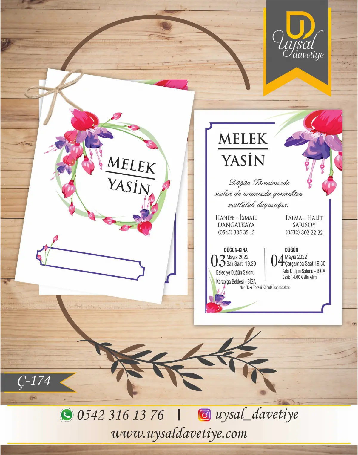 Ç-174 Çiçekli Çiftli/İpli Ekonomik Düğün Davetiyesi
