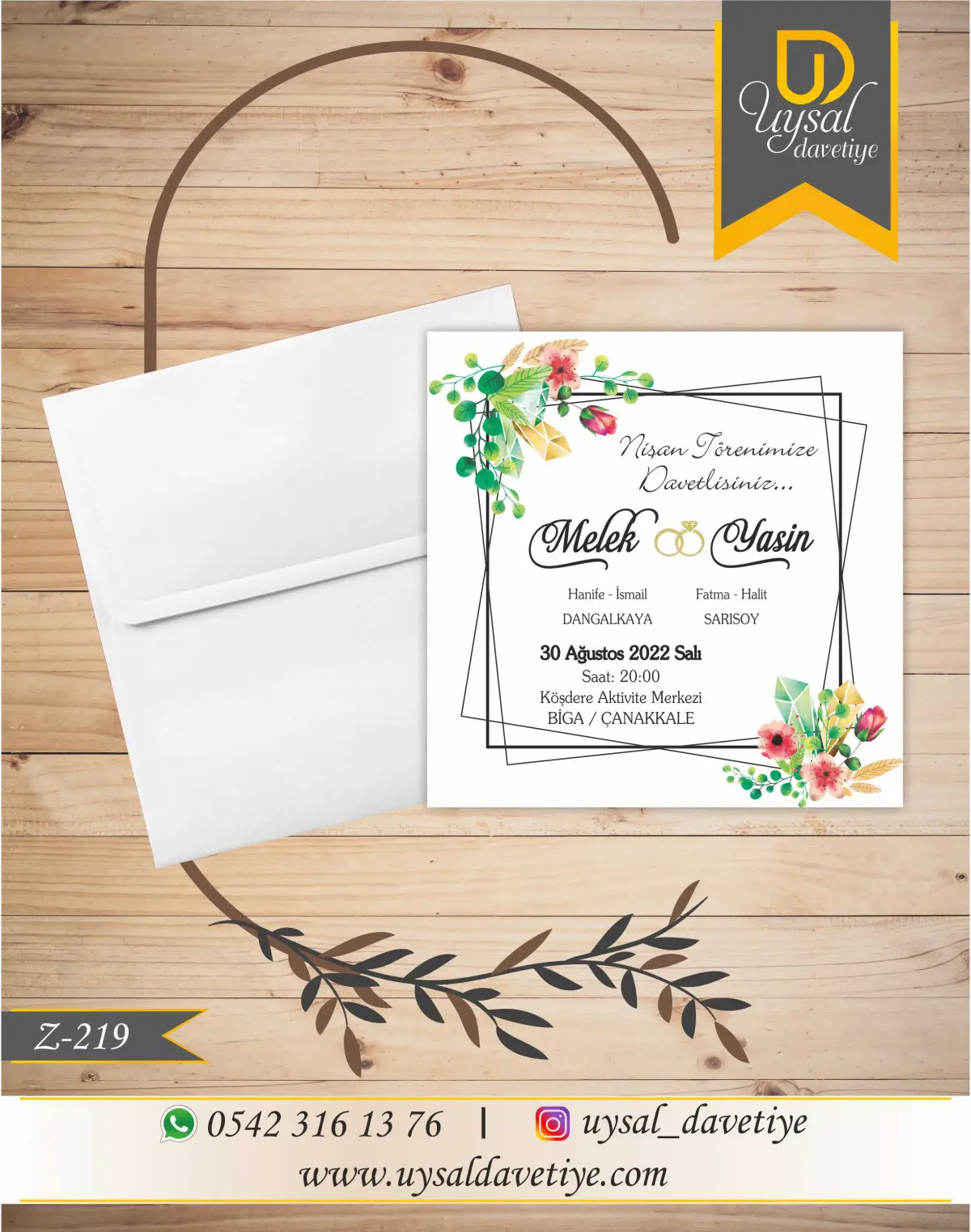 Z-219 Çiçekli Çerçeveli Kare Ekonomik Düğün Davetiyesi