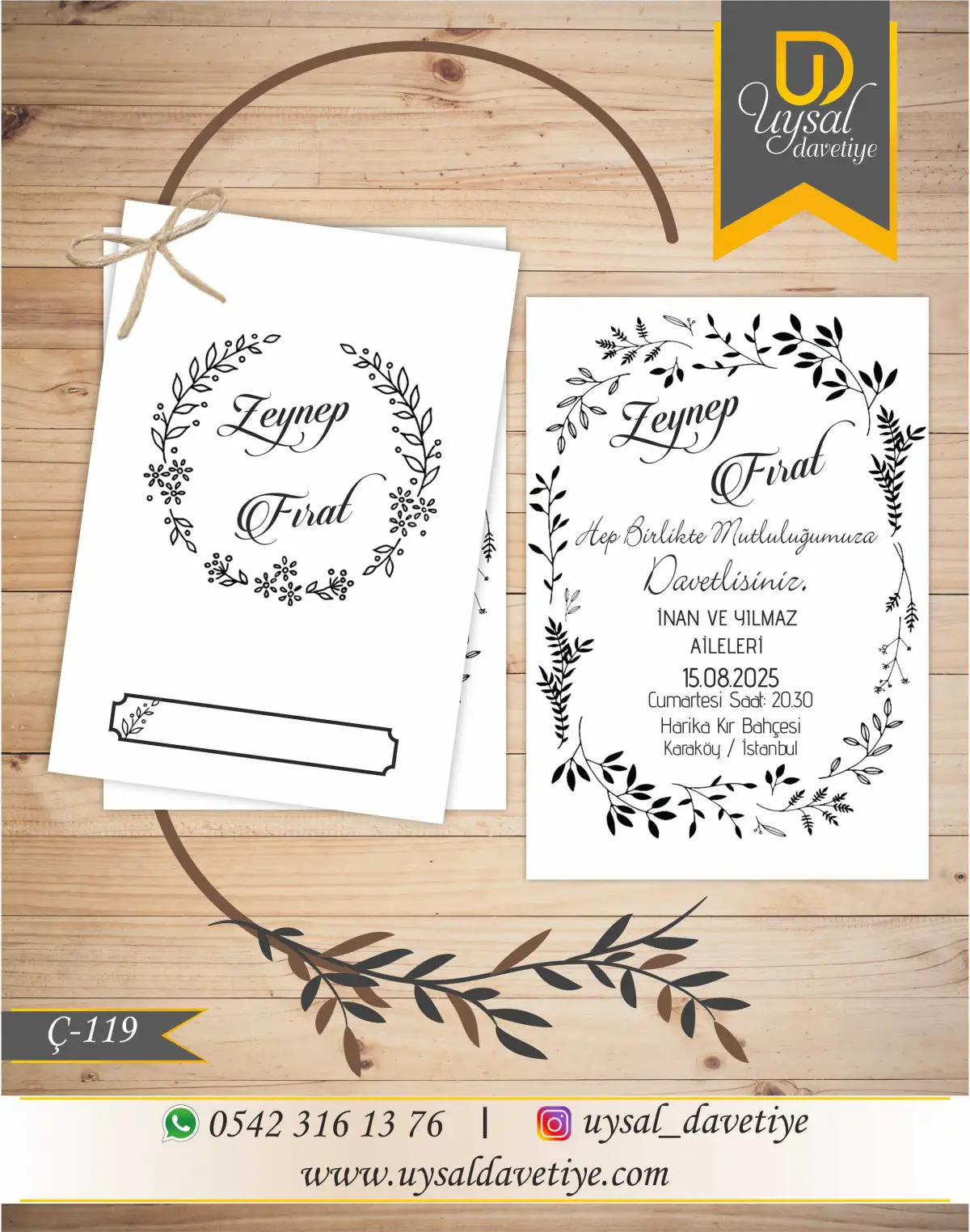 Ç-119 yapraklı&Dallı Çiftli/İpli Ekonomik Düğün Davetiyesi