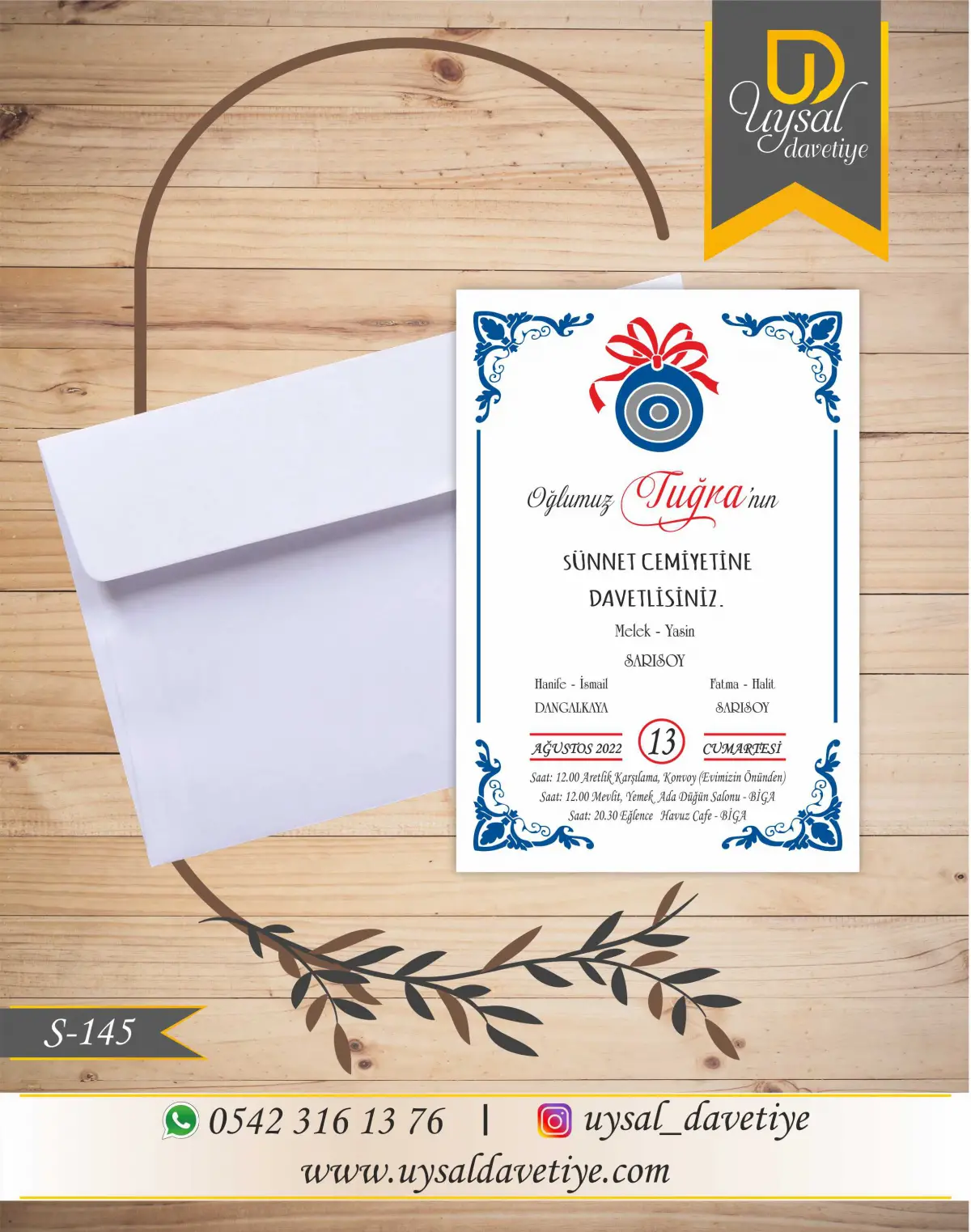 S-145 Nazar Boncuklu Mavi Çerçeveli Ekonomik Sünnet Davetiyesi