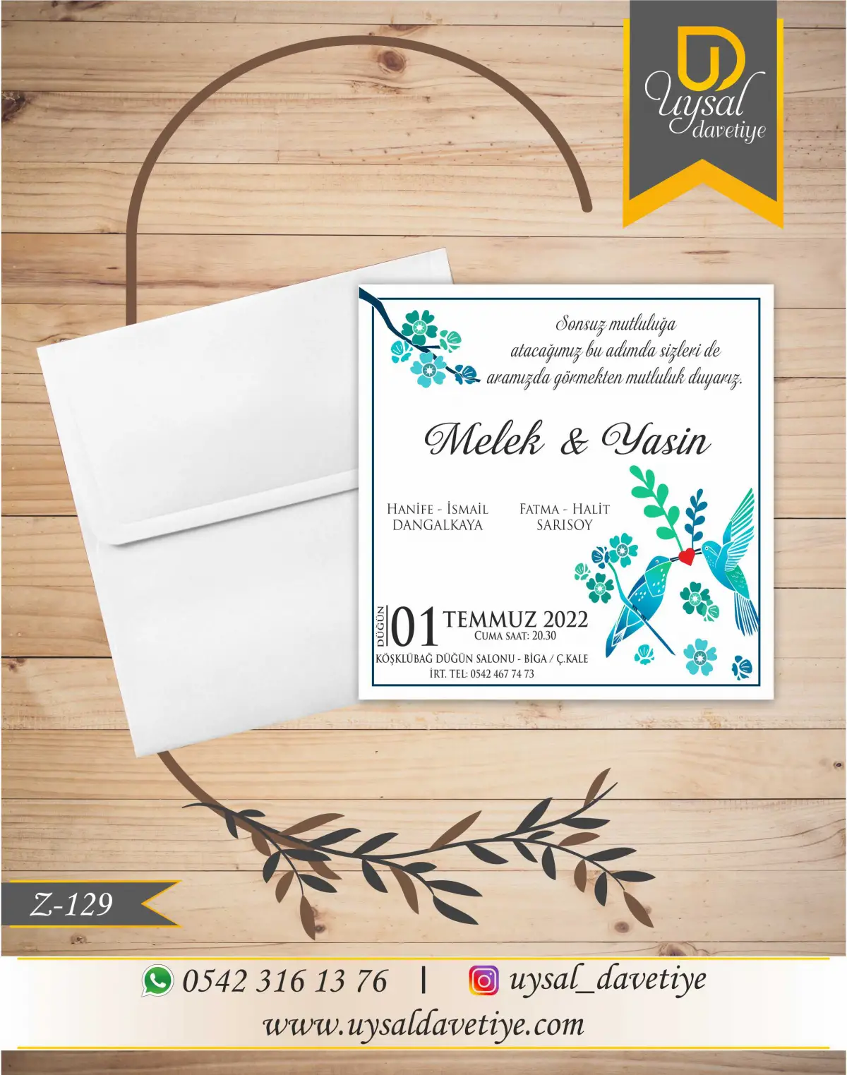 Z-129 Kuşlu Kare Ekonomik Düğün Davetiyesi