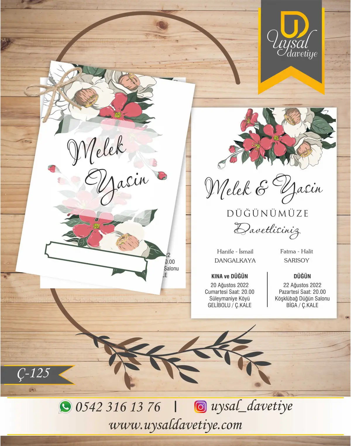 Ç-125 Çiçekli Çiftli/İpli Ekonomik Düğün Davetiyesi