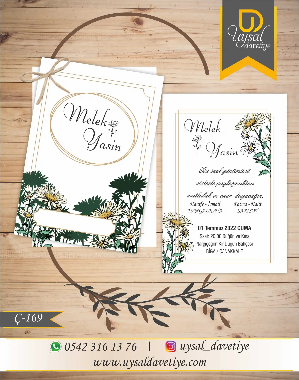 Ç-169 Papatyalı Çiftli/İpli Ekonomik Düğün Davetiyesi