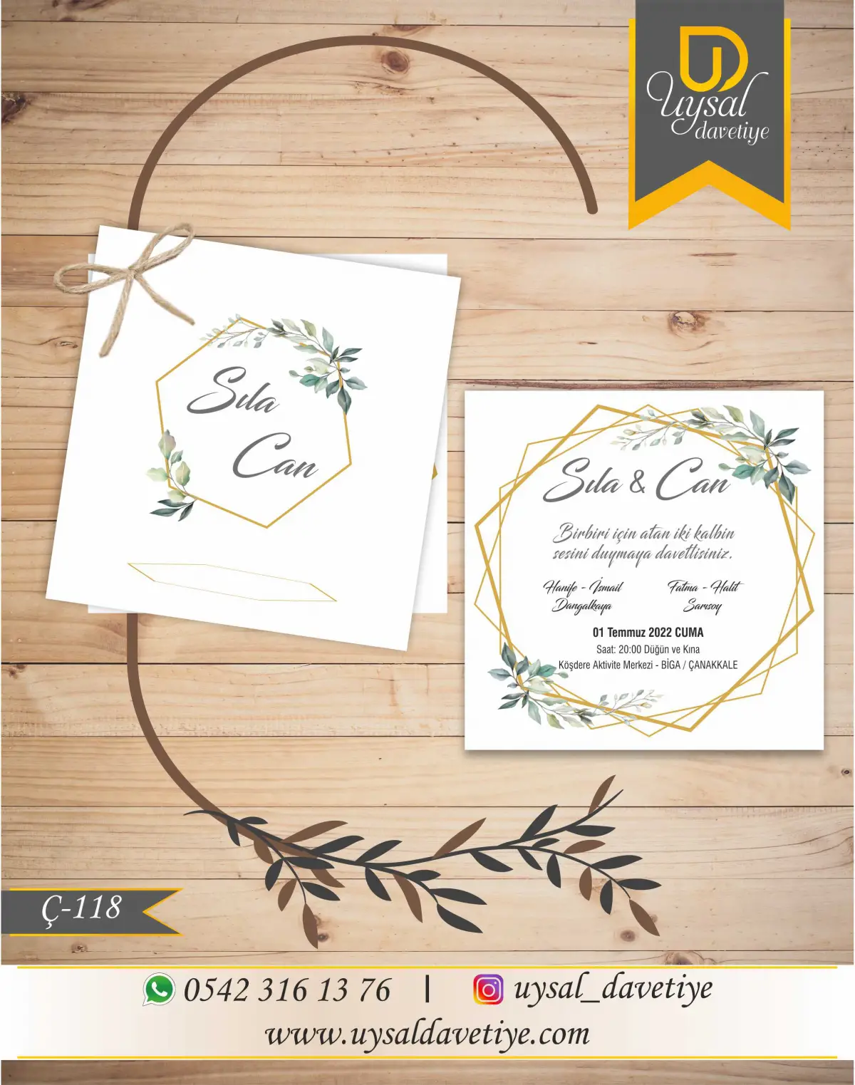 Ç-118 Altıgen Çerçeve Desenli Çiftli/İpli Ekonomik Düğün Davetiyesi