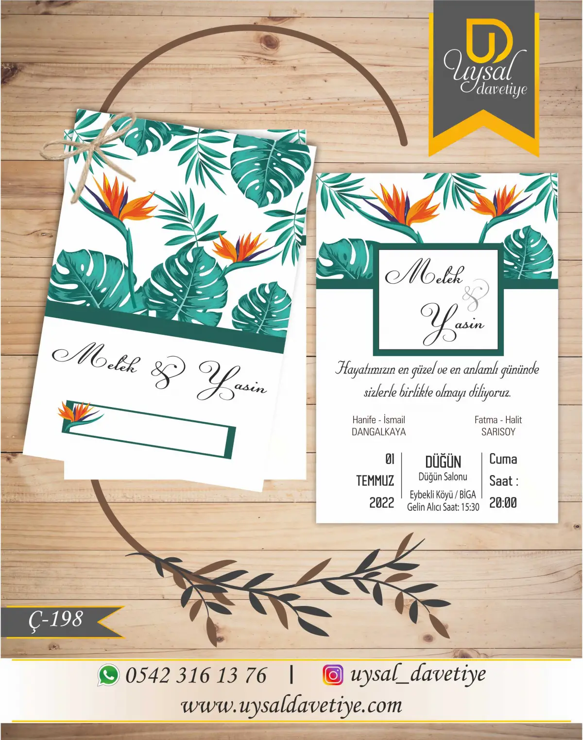 Ç-198 Yapraklı Çiftli/İpli Ekonomik Düğün Davetiyesi