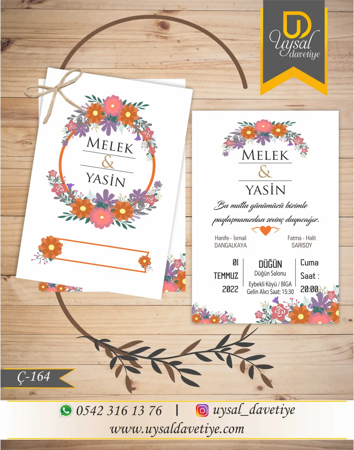 Ç-164 Renkli Çiftli/İpli Ekonomik Düğün Davetiyesi