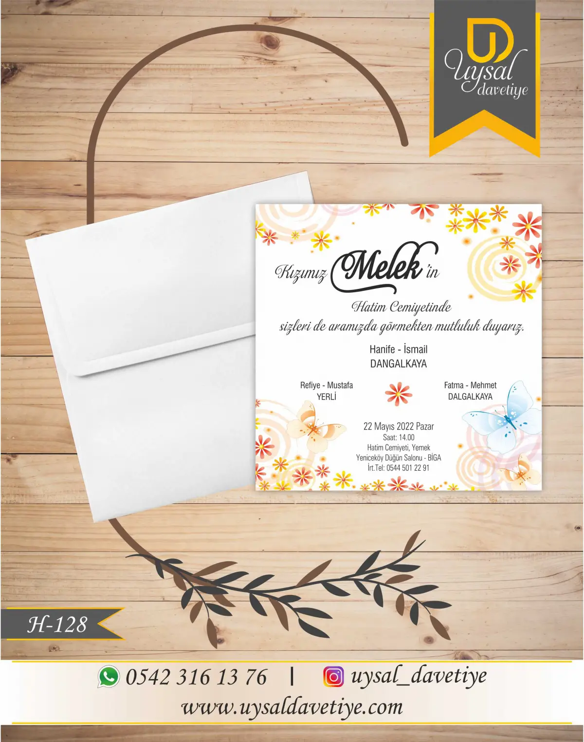 H-128 Çiçekli Kare Ekonomik Hatim Davetiyesi