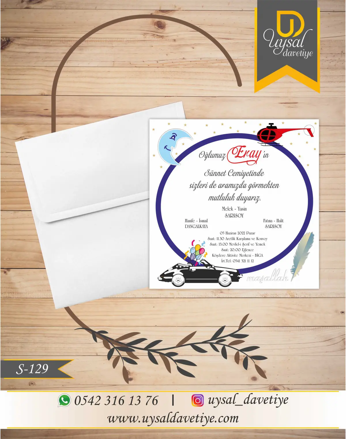 S-129 Arabalı-Helikopterli Kare Ekonomik Sünnet Davetiyesi