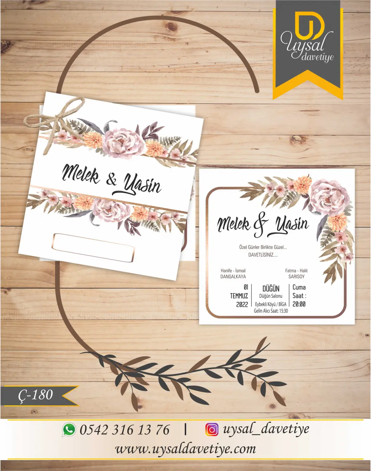 Ç-180 Çiçekli Çiftli/İpli Ekonomik Düğün Davetiyesi