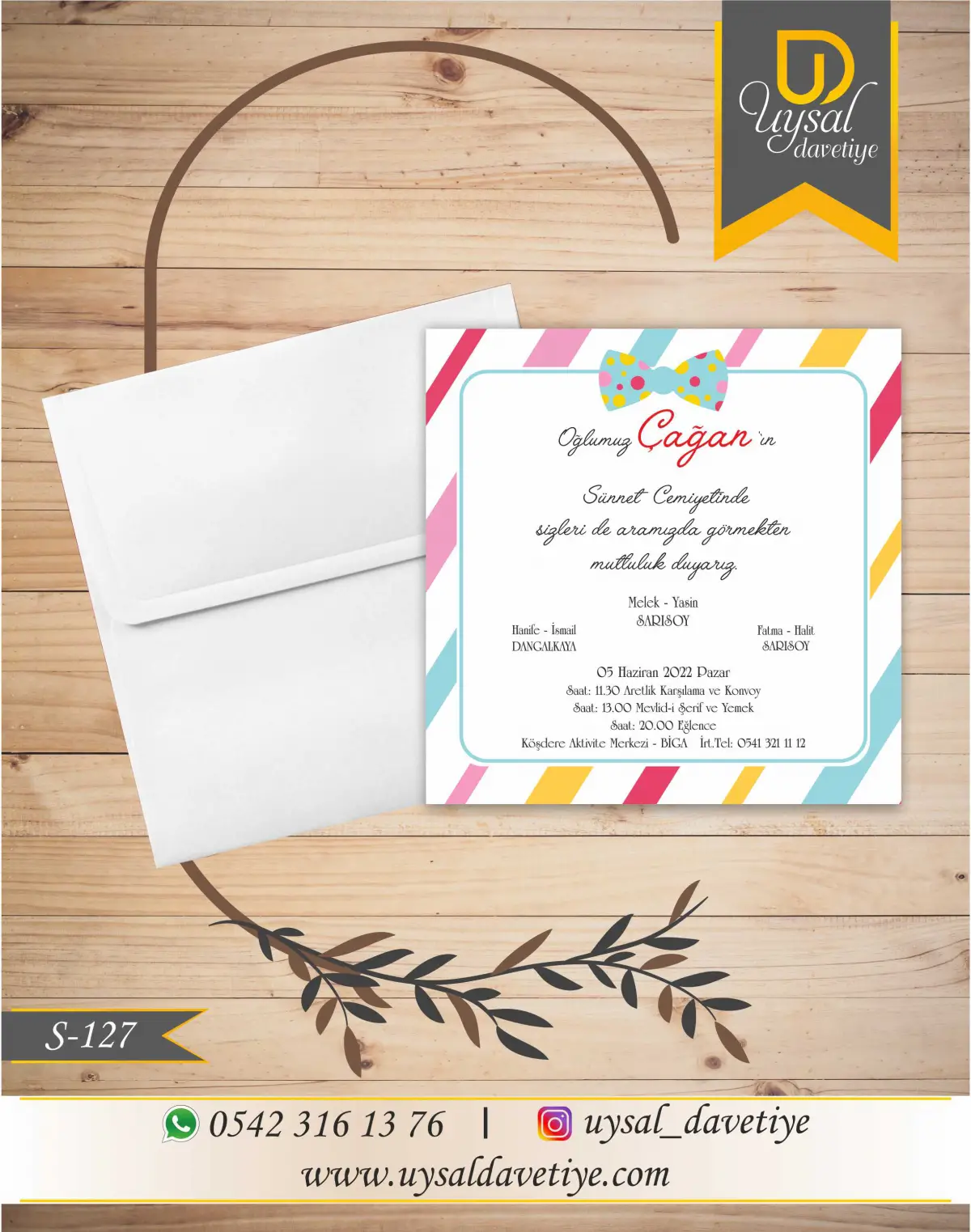 S-127 Renkli Papyonlu Kare Ekonomik Sünnet Davetiyesi