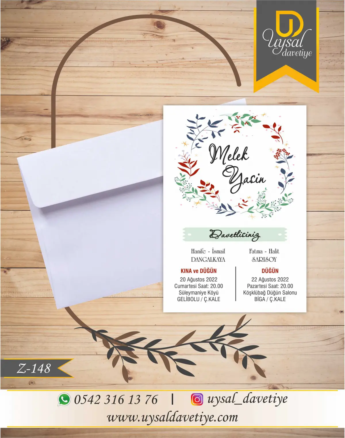 Z-148 Yapraklı Ekonomik Düğün Davetiyesi
