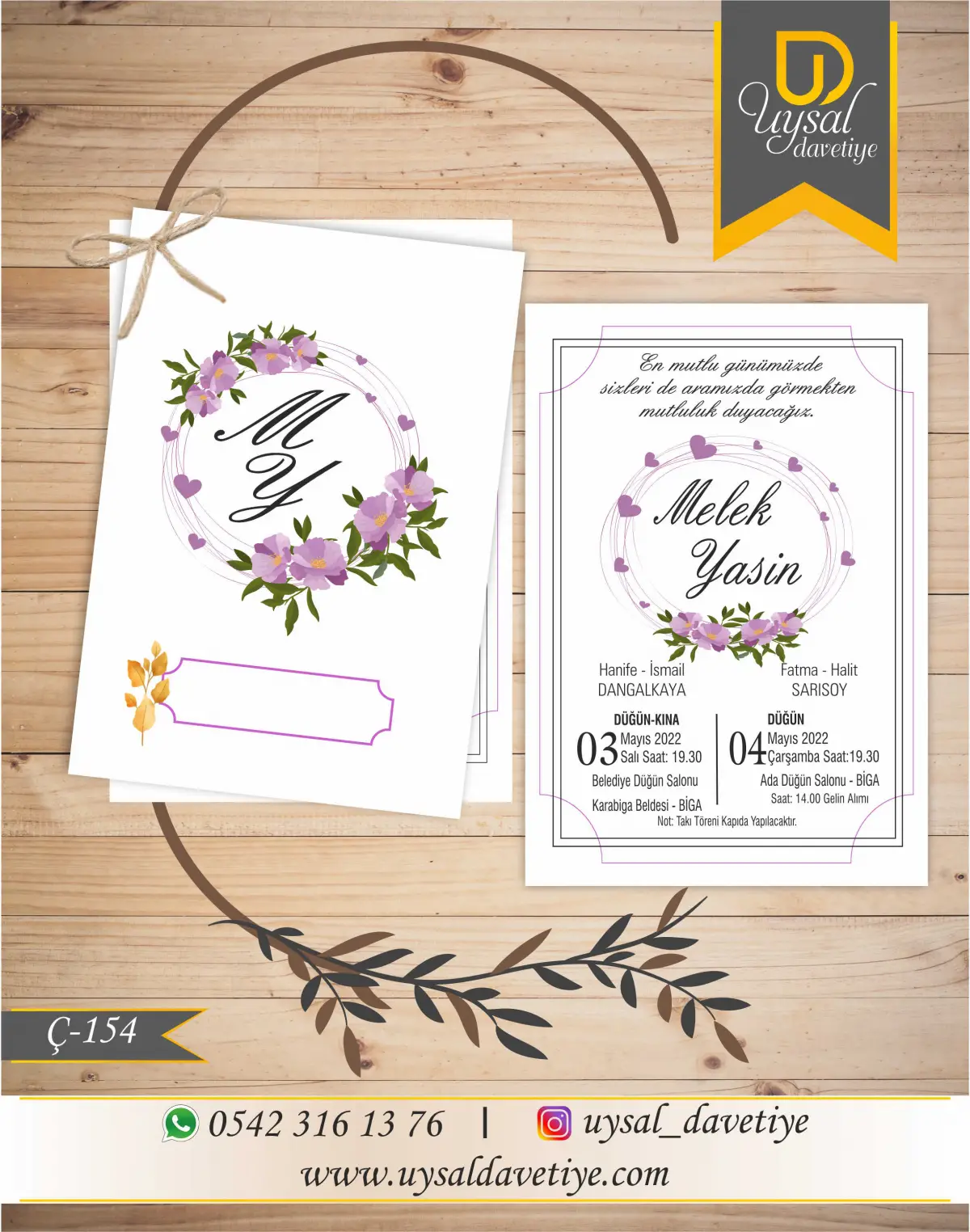 Ç-154 Lila Renkli Çiftli/İpli Ekonomik Düğün Davetiyesi