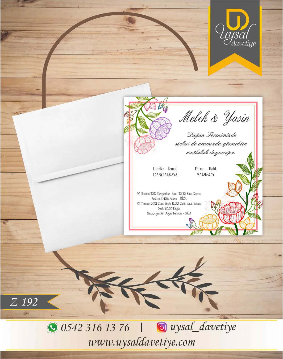Z-192 Çiçekli Çerçeveli Kare Ekonomik Düğün Davetiyesi