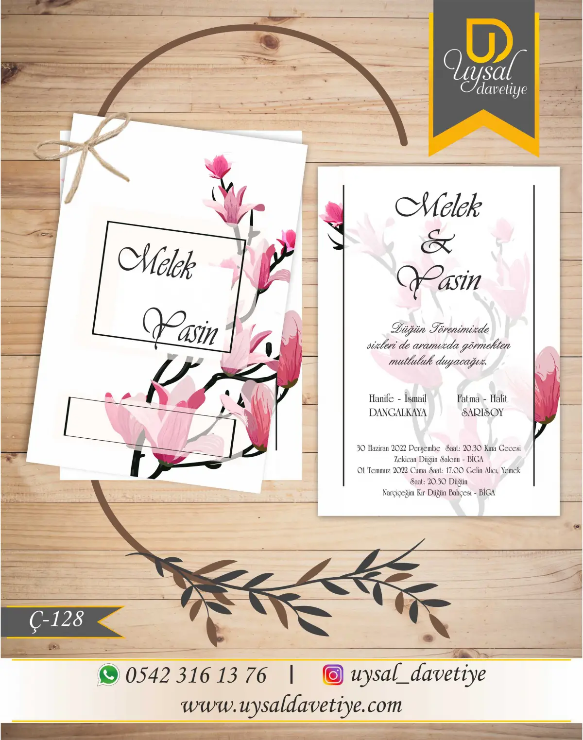 Ç-128 Zambaklı Çiftli/İpli Ekonomik Düğün Davetiyesi