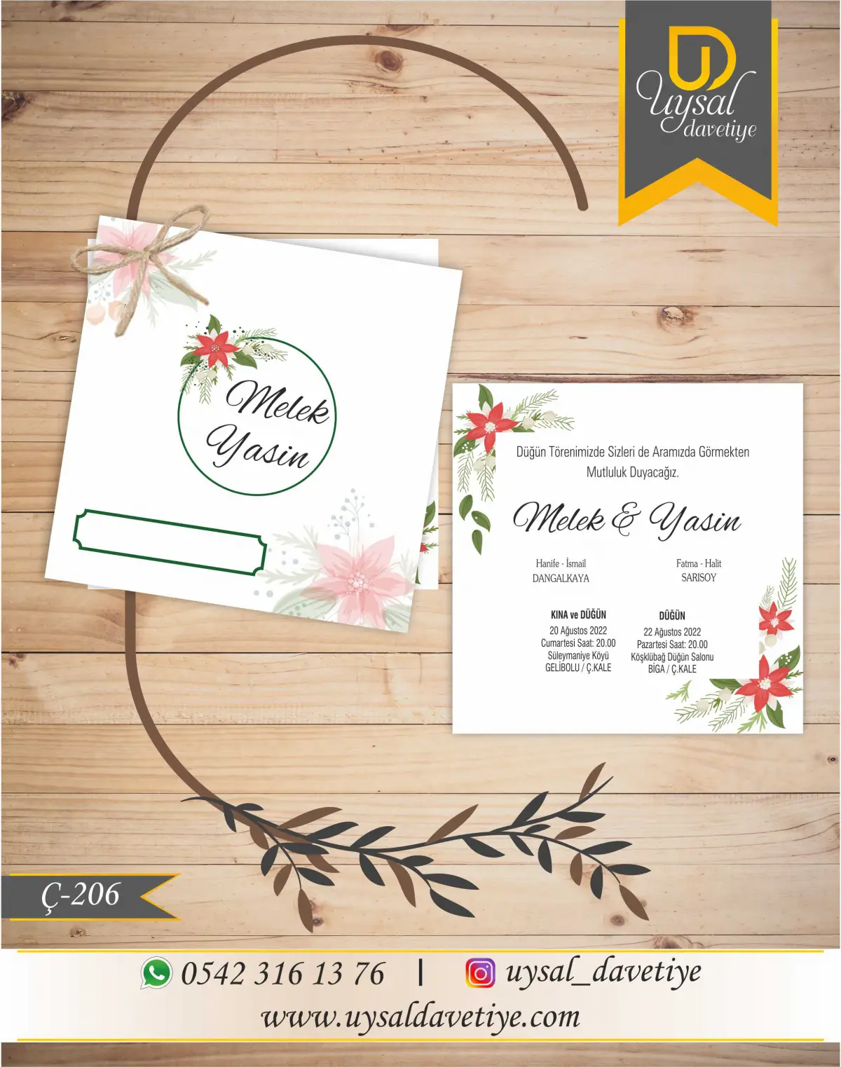 Ç-206 Çiçekli Kare Ekonomik Düğün Davetiyesi
