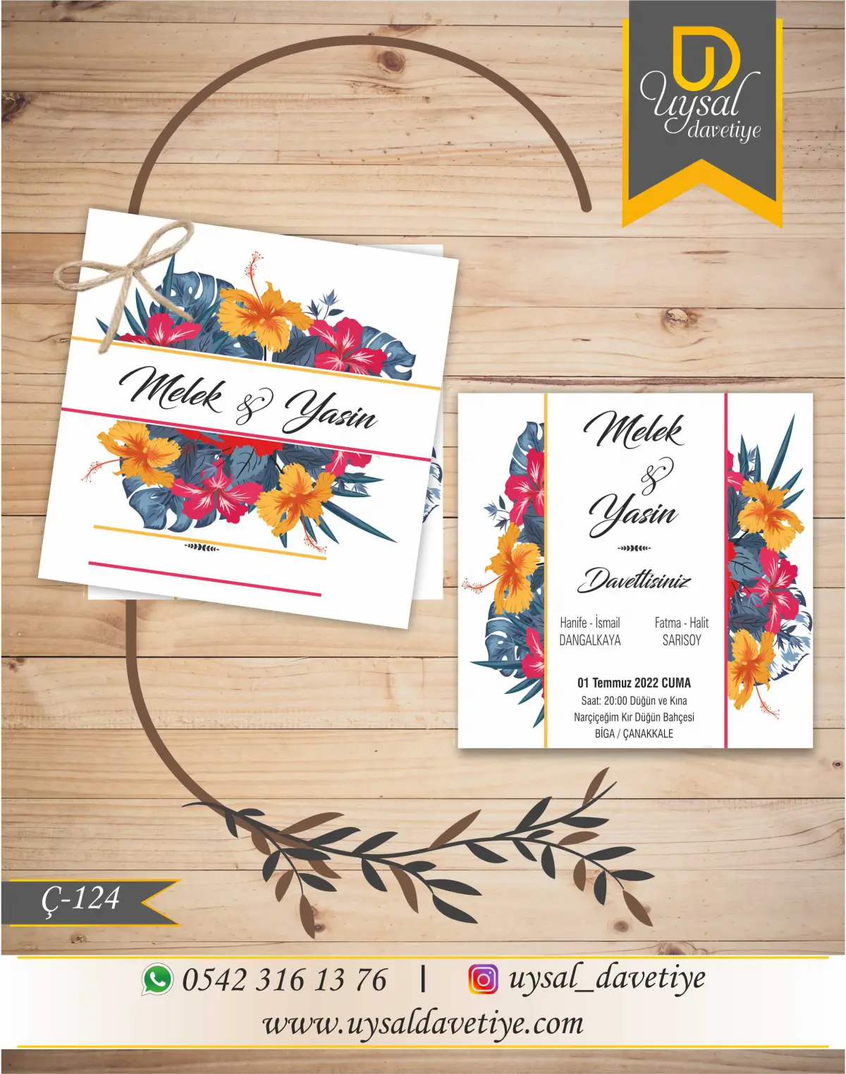 Ç-124 Renkli Yapraklı Kare Çiftli/İpli Ekonomik Düğün Davetiyesi