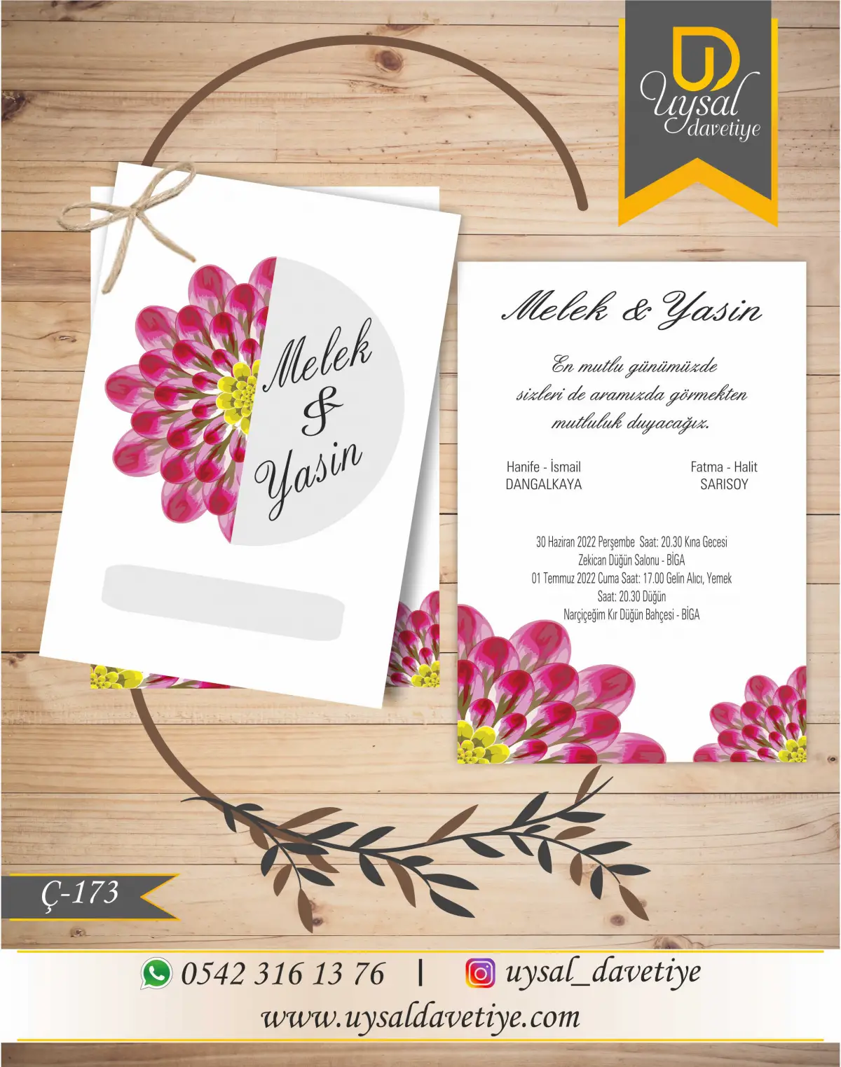 Ç-173 Çiçekli Çiftli/İpli Ekonomik Düğün Davetiyesi