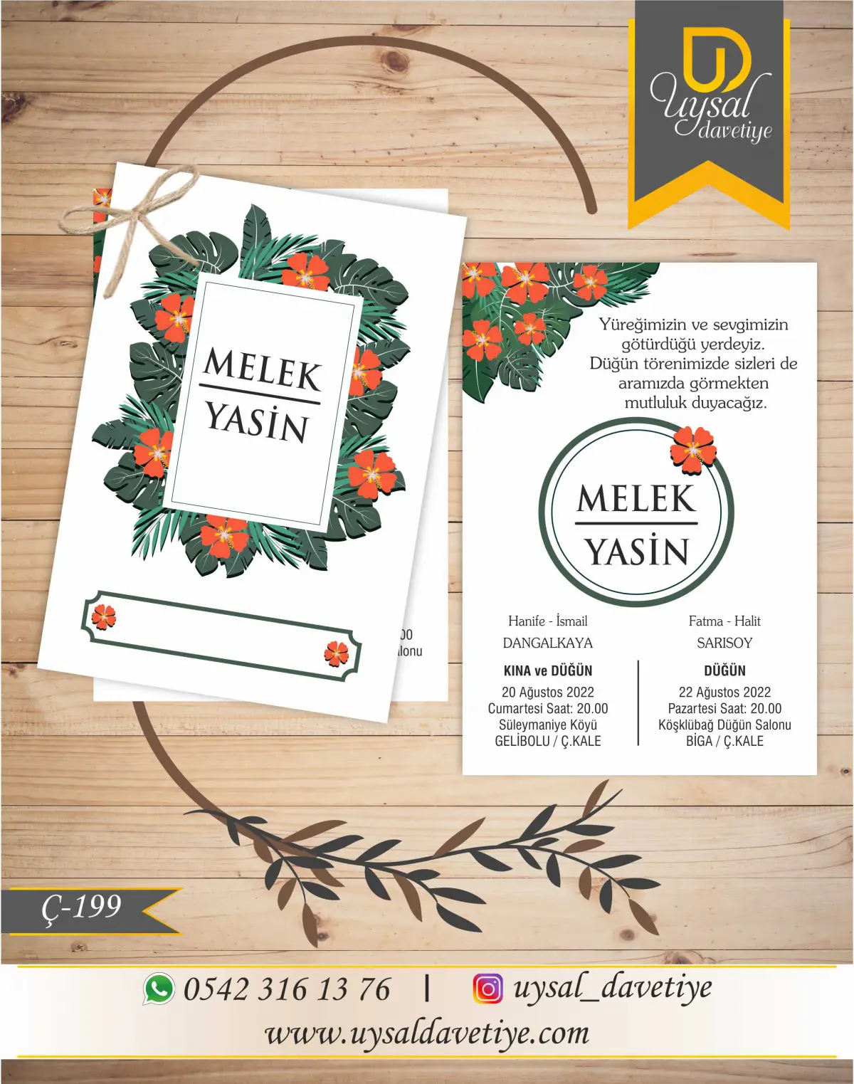 Ç-199 Yeşil&Turuncu Yapraklı Çiftli/İpli Ekonomik Düğün Davetiyesi