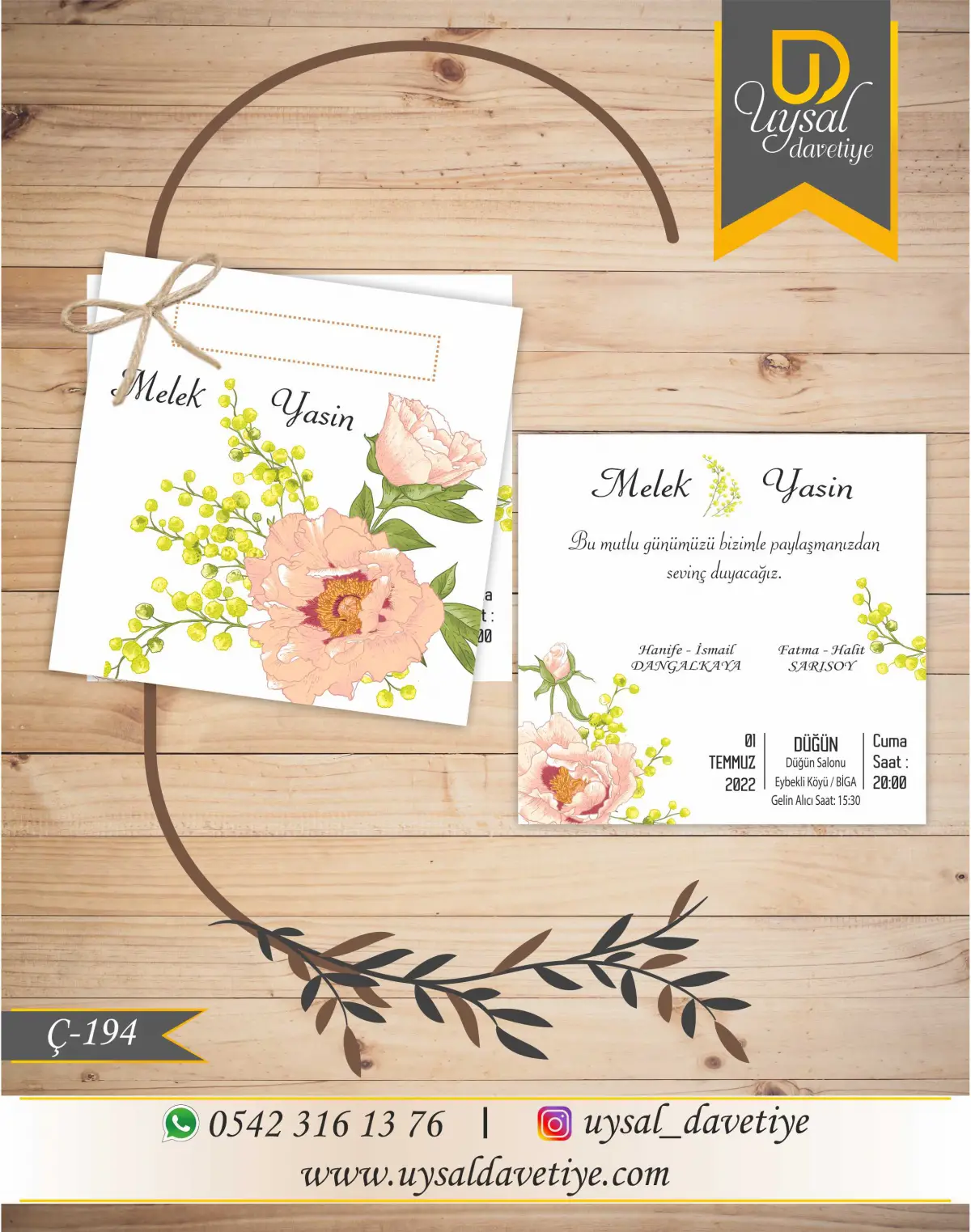 Ç-194 Güllü Çiftli/İpli Ekonomik Düğün Davetiyesi