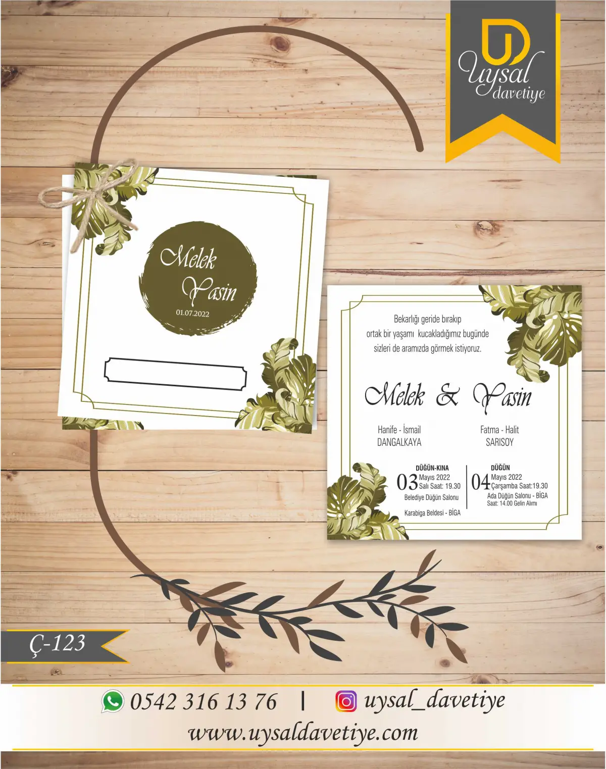Ç-123 Kahverengi Yapraklı Kare Çiftli/İpli Ekonomik Düğün Davetiyesi