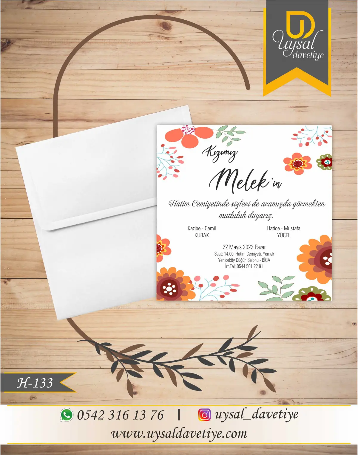 H-133 Çiçekli Kare Ekonomik Hatim Davetiyesi