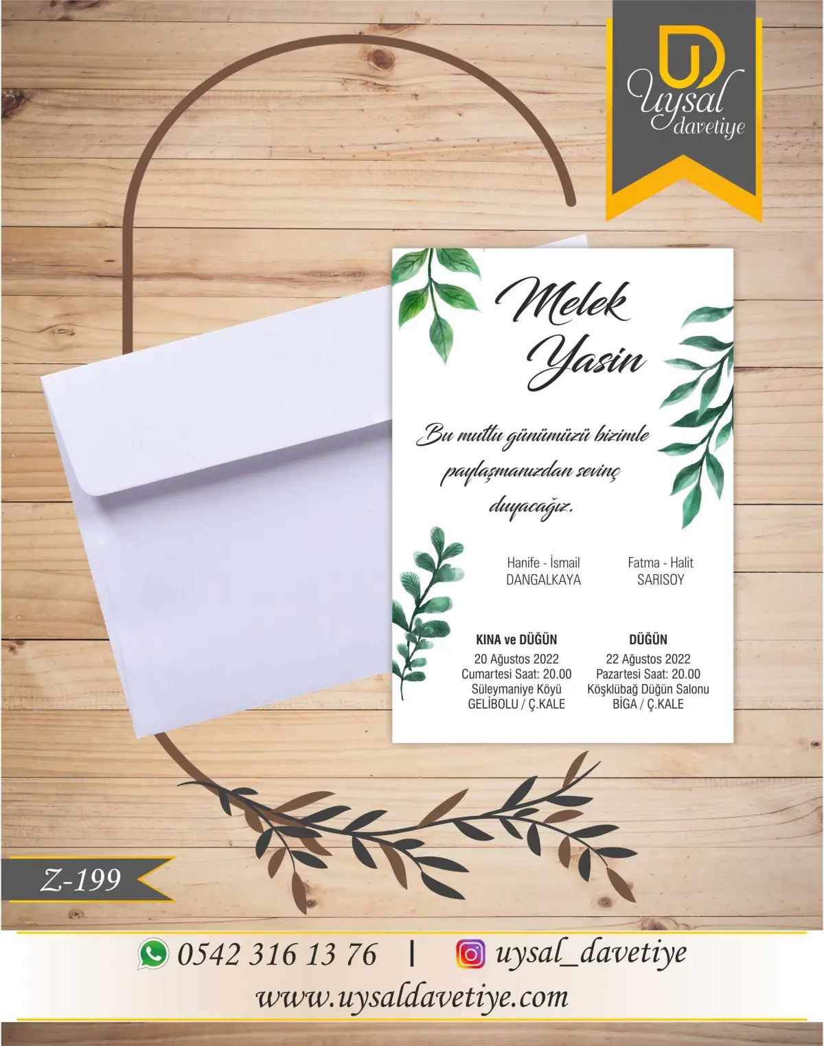 Z-199 Yeşil Yapraklı Ekonomik Düğün Davetiyesi