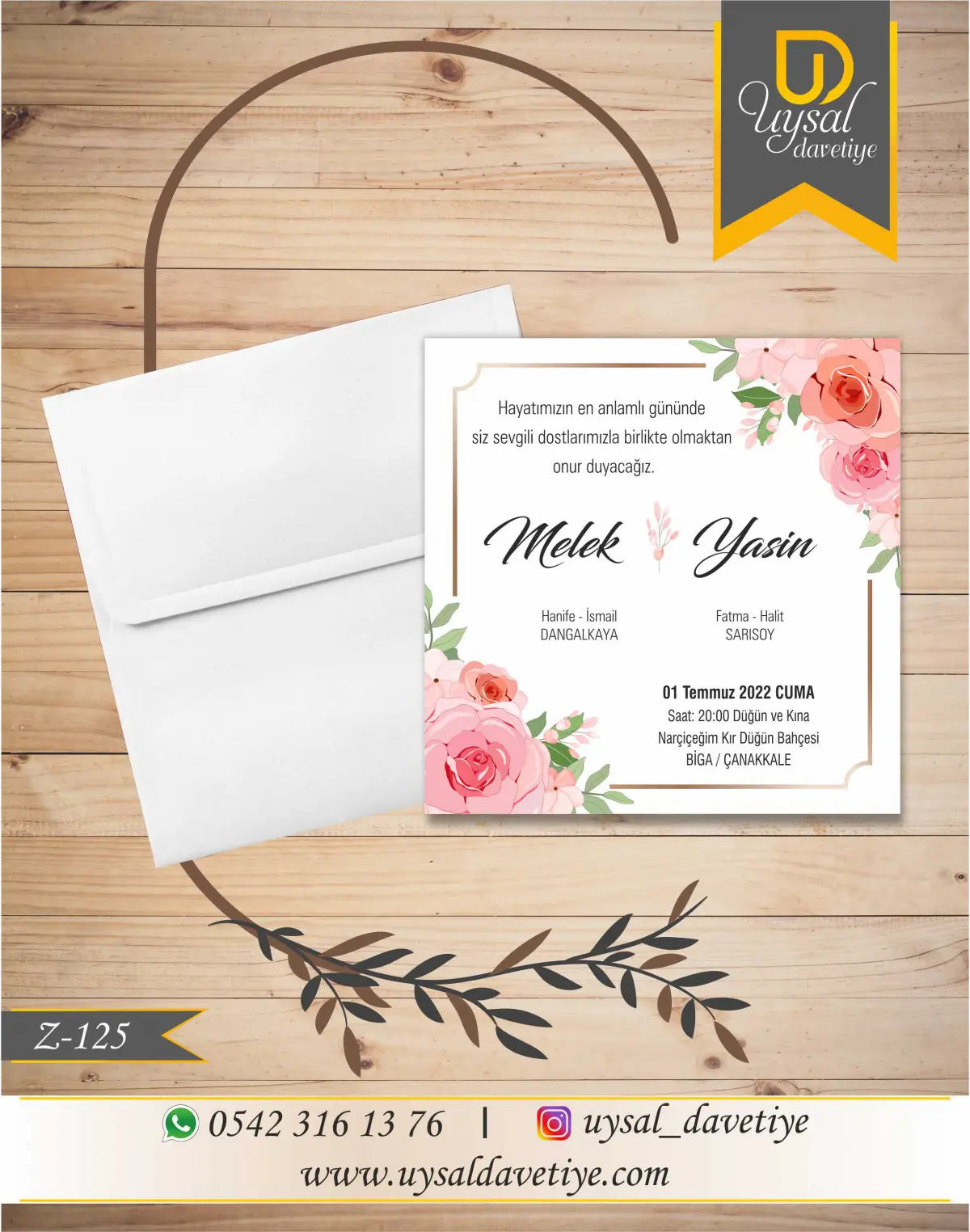 Z-125 Güllü Kare Ekonomik Düğün Davetiyesi