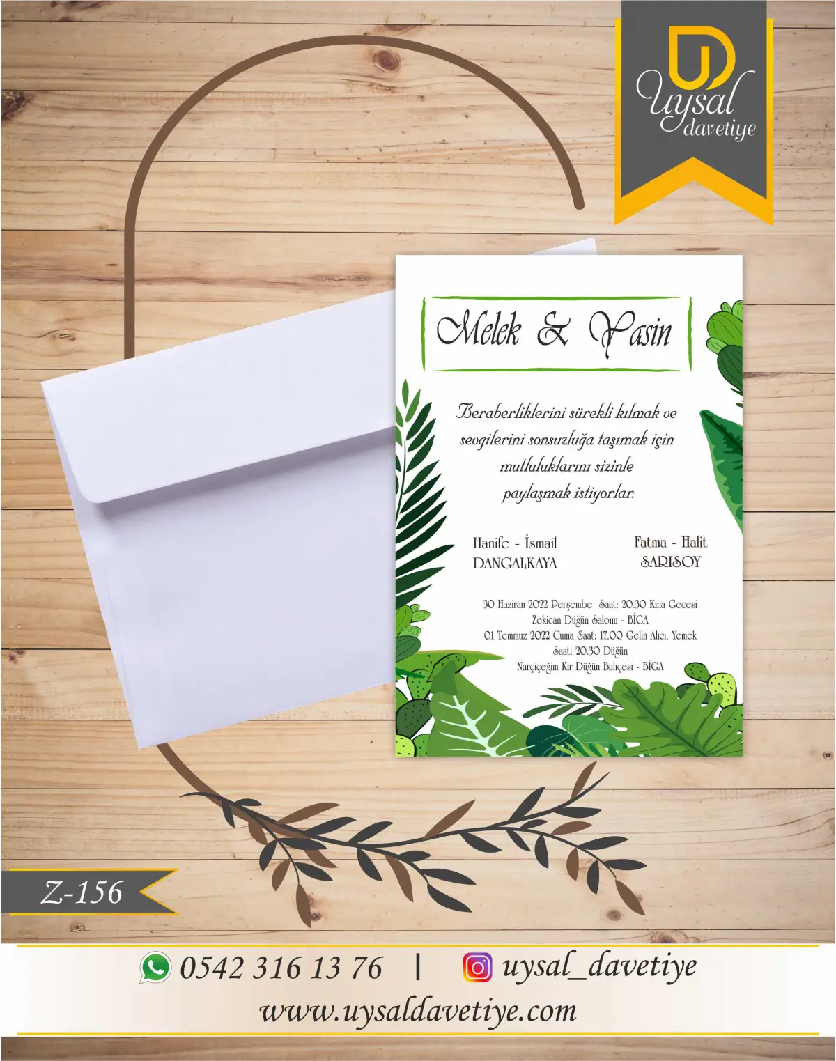 Z-156 Yeşil Yapraklı Çerçeveli Ekonomik Düğün Davetiyesi