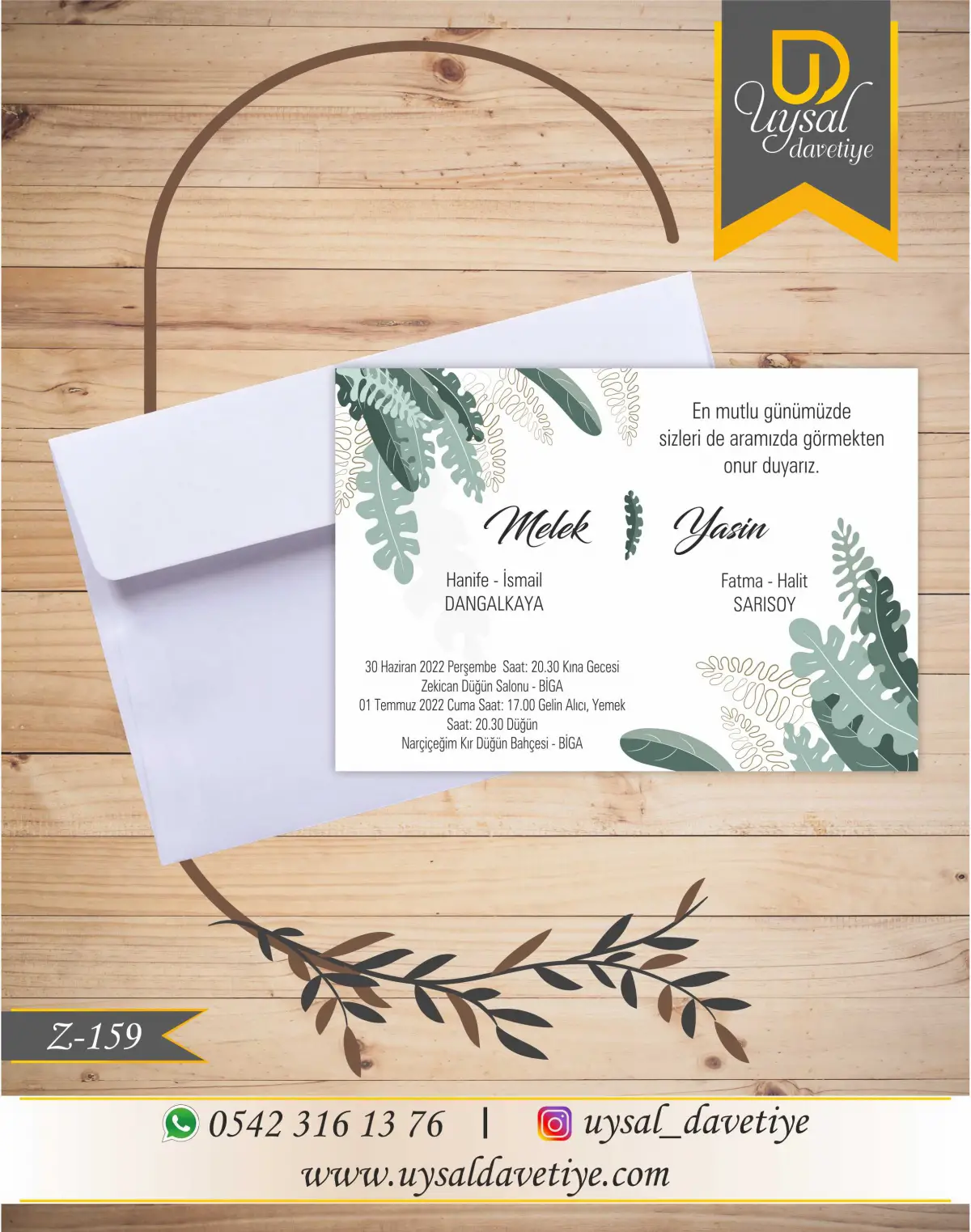Z-159 Yapraklı Ekonomik Düğün Davetiyesi
